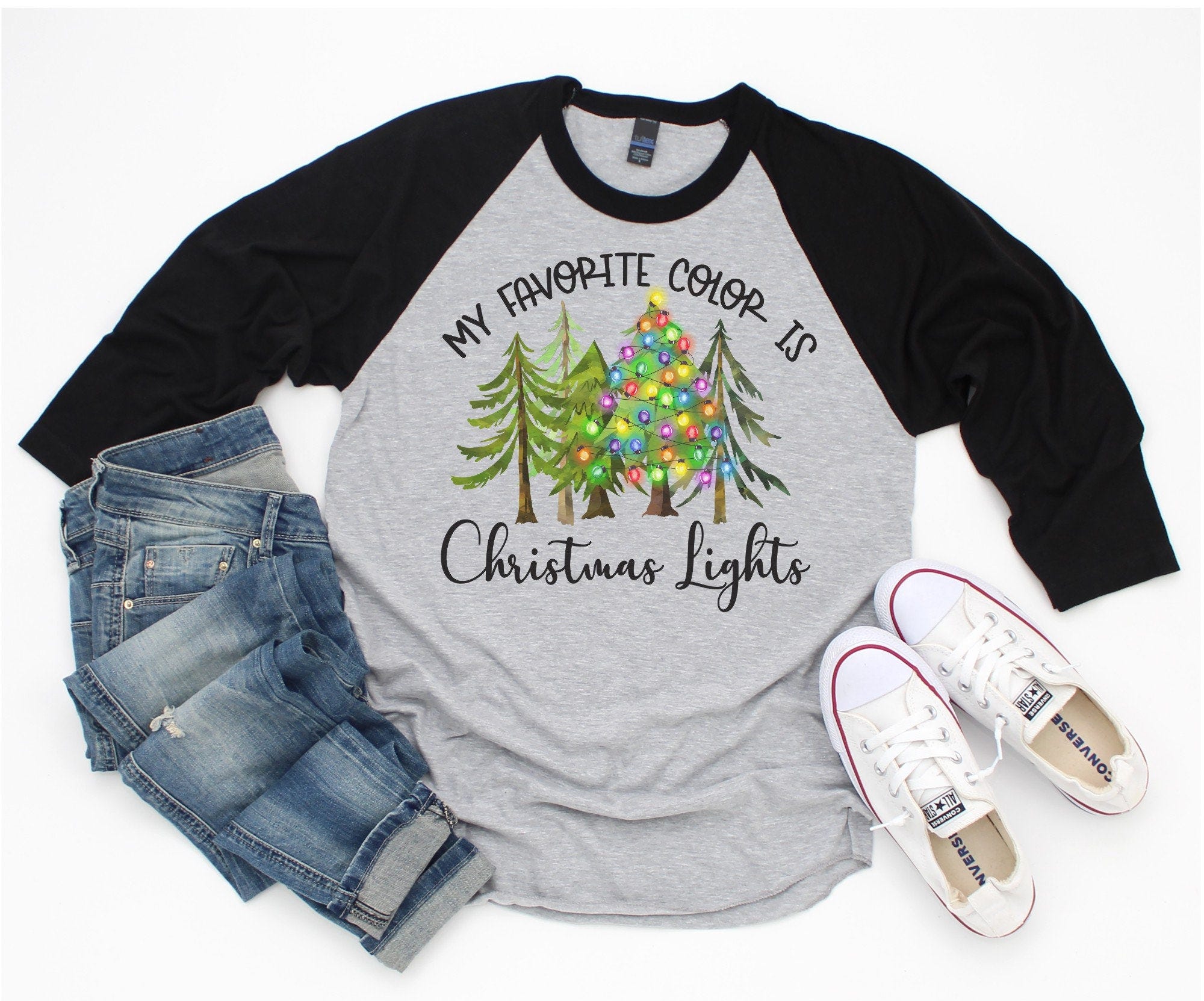My Favorite Color is Christmas Lights Raglan Tee - Christmas T Shirt - Baseball Tee - 3/4 Length Sleeve Shirt - Cute Christmas Tee