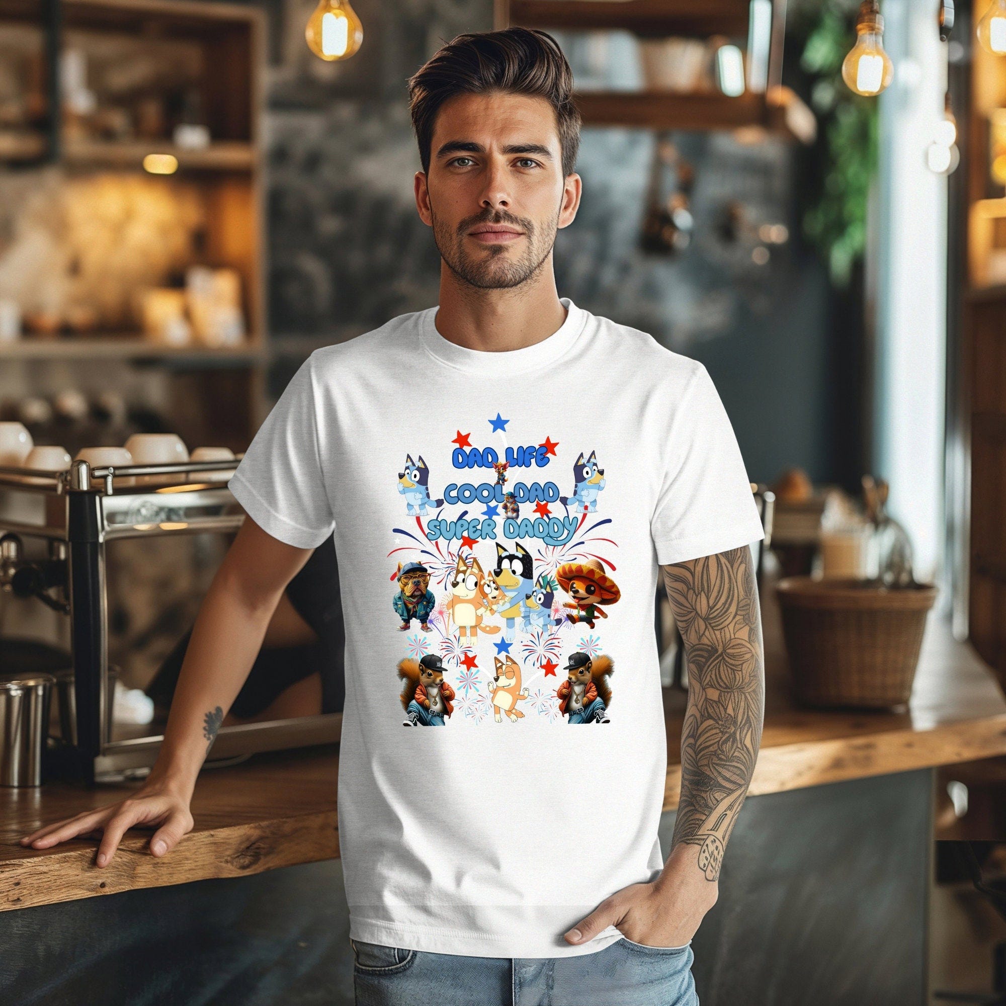 Chili Bluey and cartoon characters,Dad Life,Cool Dad, Super Dad Printed T-Shirt Perfect Gift for Dads