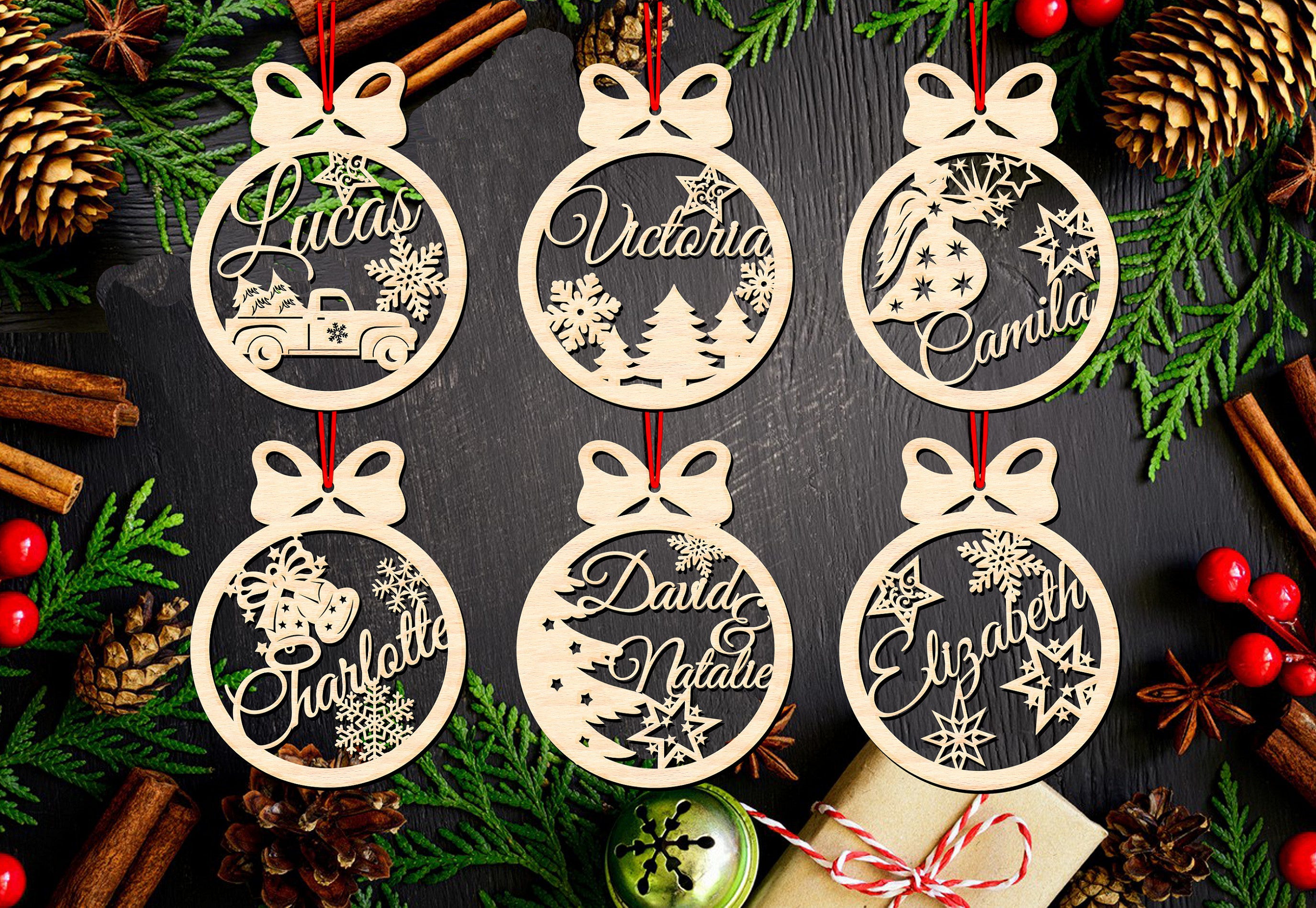 Christmas Ornaments SVG Laser Cut Files, Personalizable 6 Designs For Christmas Tree Ornaments With Editable Text, Christmas Tree Toys SVG
