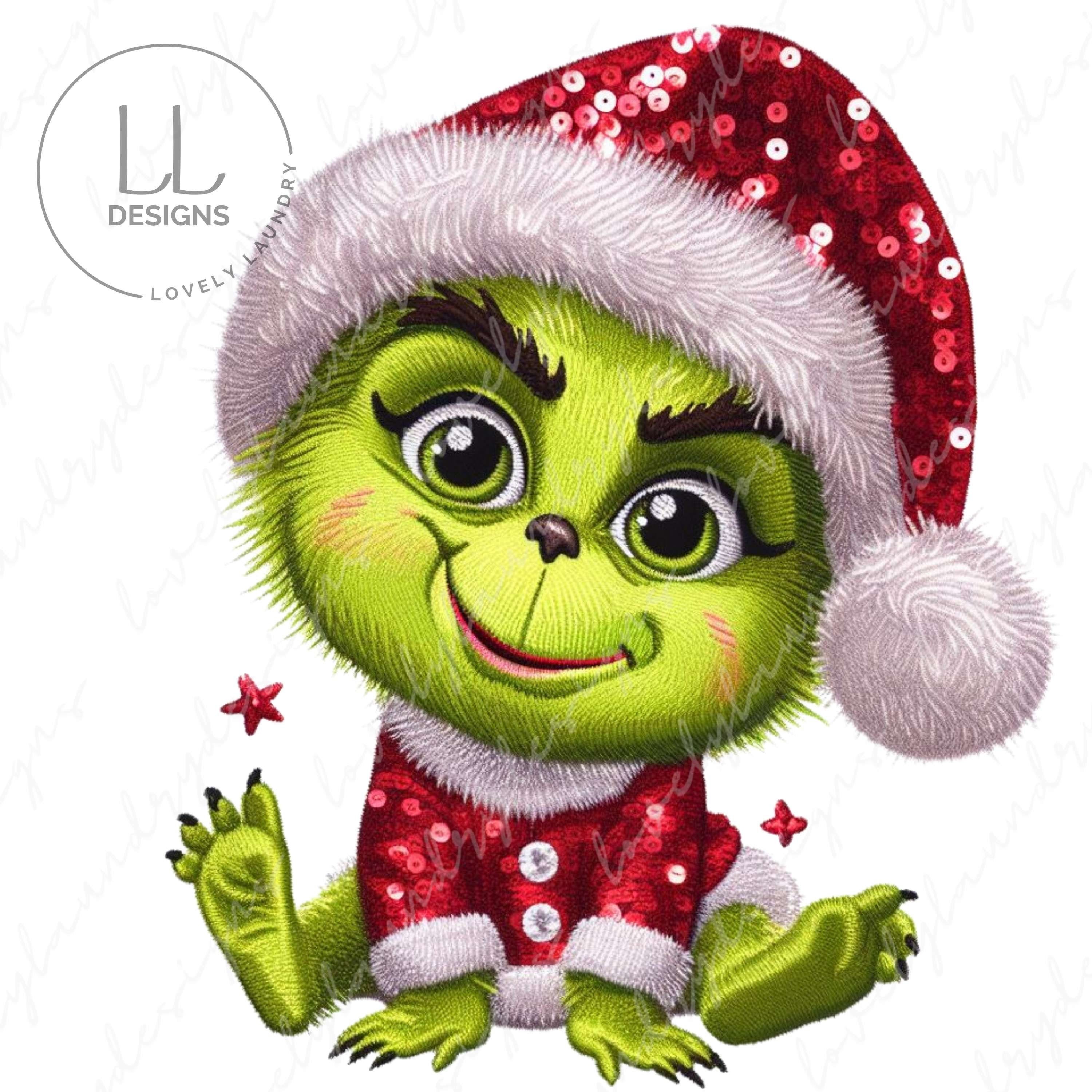 Green Baby Grnch Clipart, Christmas PNG, Sublimation, Print Digital Download, Christmas Clipart, Instant Download, Embroidered Sequin Look