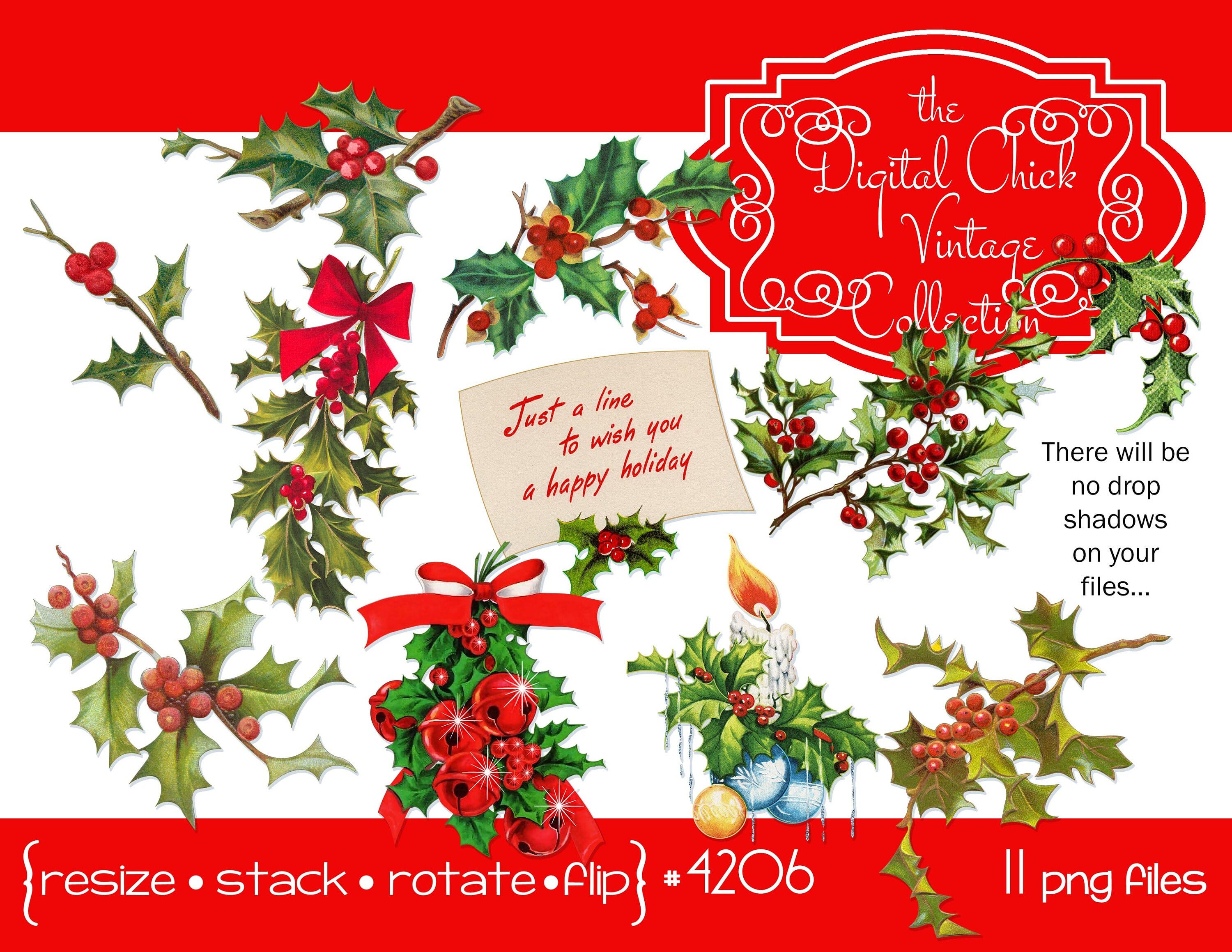 Digital clipart, Instant Download, Christmas greeting card images, holly ribbon jingle bells greetings candles berries--png files  4206