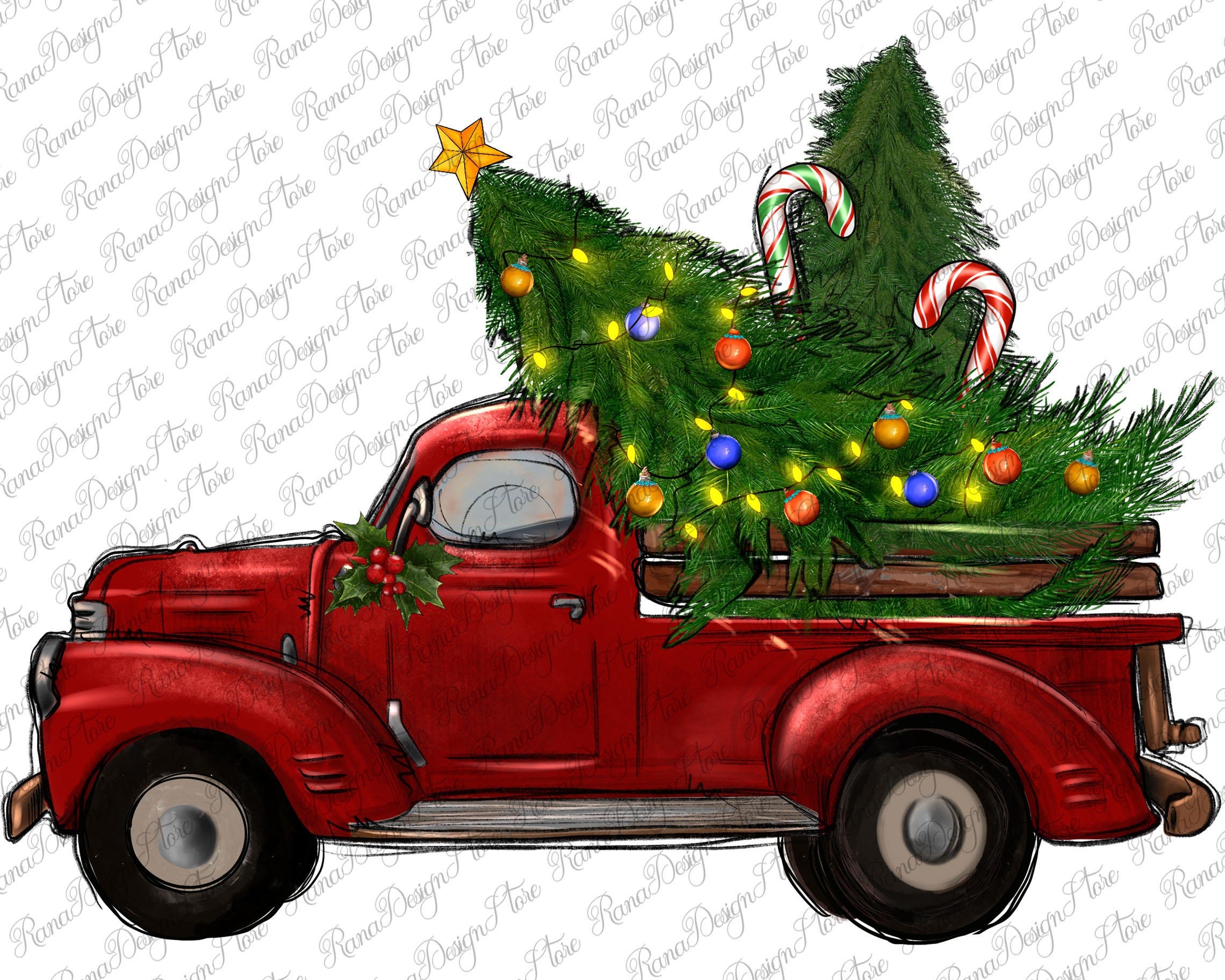Christmas Trees With Truck Png, Sublimation Design,Christmas Truck Png,Christmas Trees Png, Merry Christmas,Christmas Red Truck Png Download