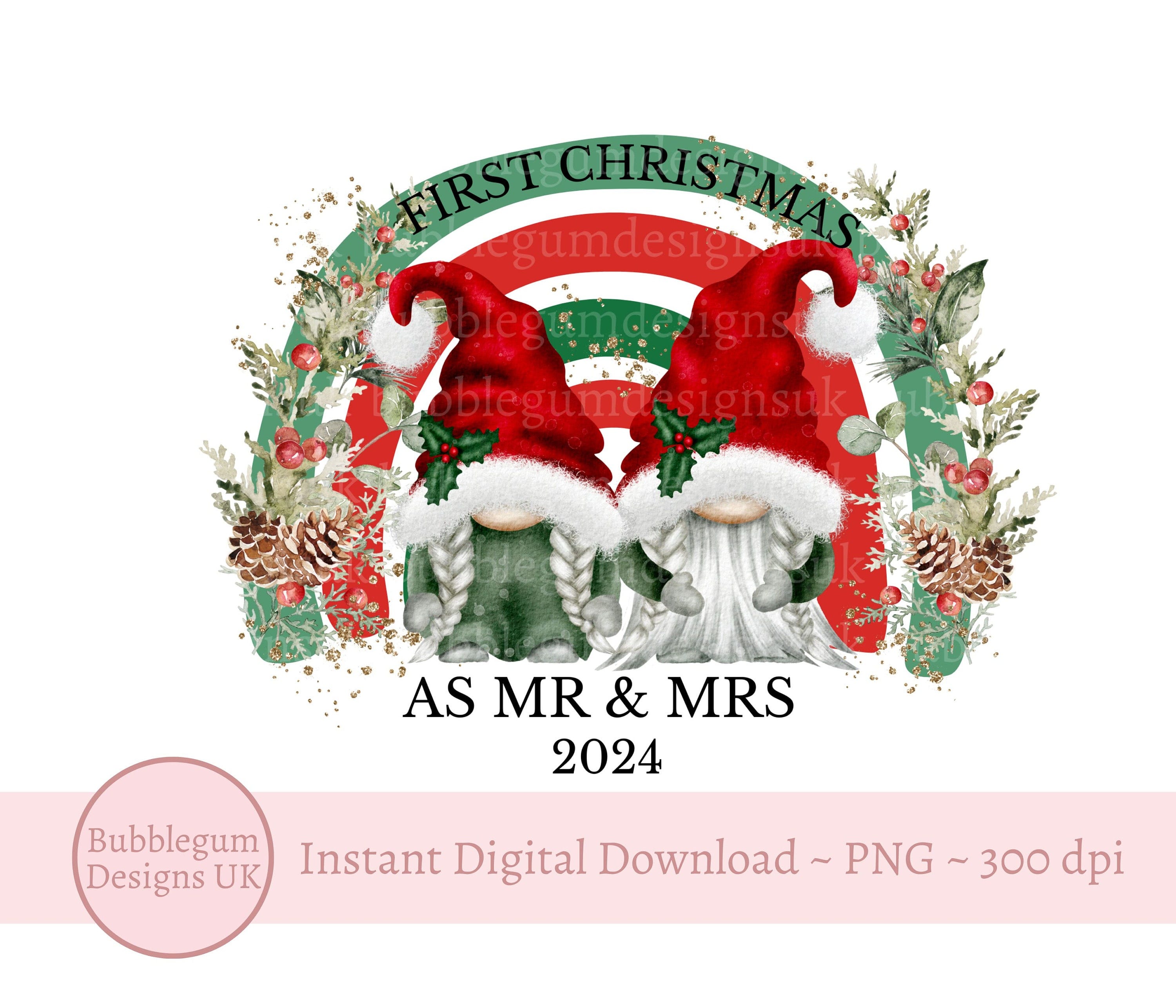 First Christmas As Mr & Mrs Gnomes 2024 PNG, Couple First Christmas, Gnome Rainbow, Ornament Sublimation Design, Instant Digital Download