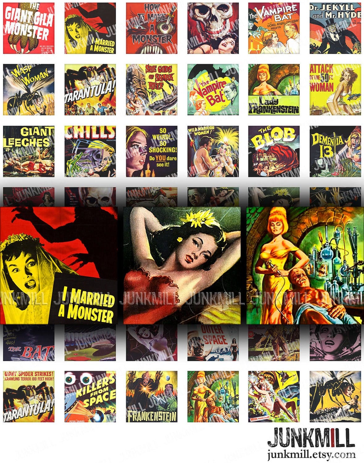 CULT CLASSICS - Digital Printable Collage Sheet - Retro Science Fiction & Horror Movies, 1" Square or Scrabble Tile, Instant Download