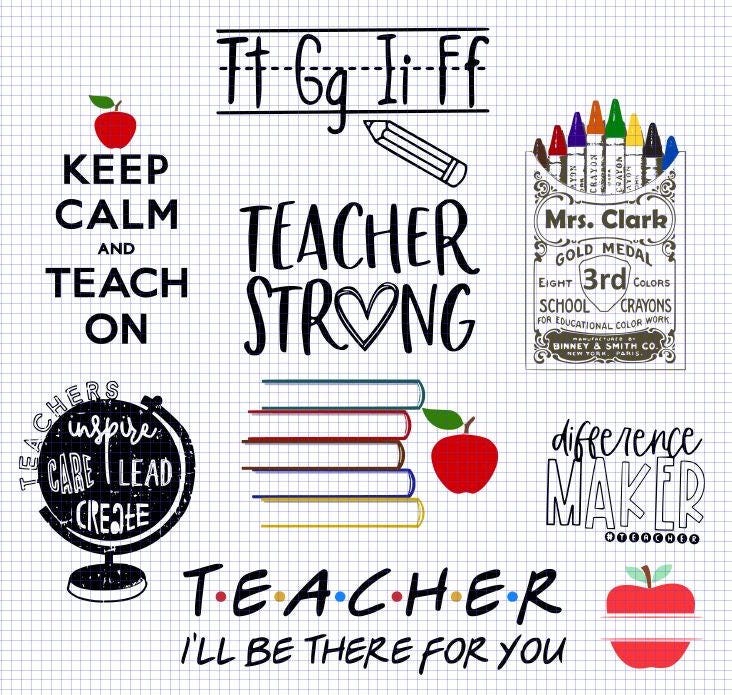 Teacher SVG Bundle, Apple, Name Tag Plate, Teacher Strong, Globe, Book, Custom, Cricut, Silhouette, Cut file,  Shirt Design, placard