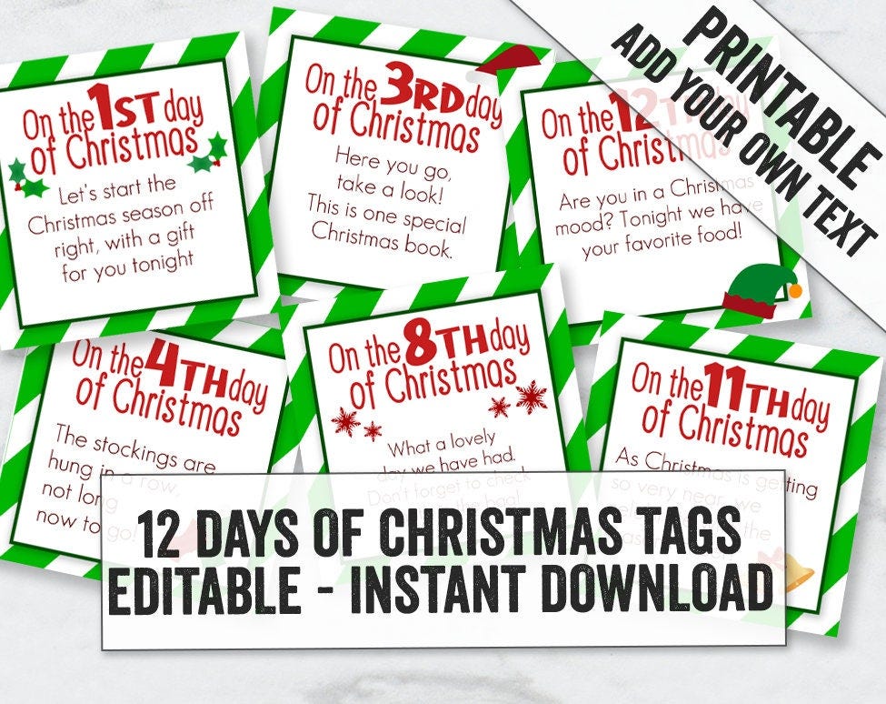 Editable Twelve Days of Christmas Printable Tags, Fun Green Stripe Printable Christmas gift tags, Printable 12 day of Christmas present tags