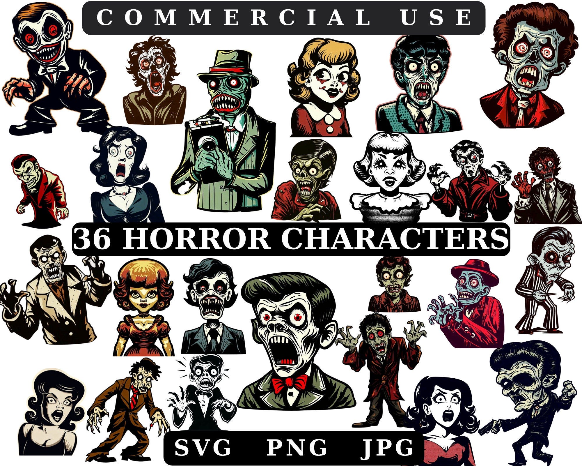 Horror Character Halloween Clipart PNG Bundle For Cricut, Scary Horror Characters, Horror Clip Art sublimation PNG
