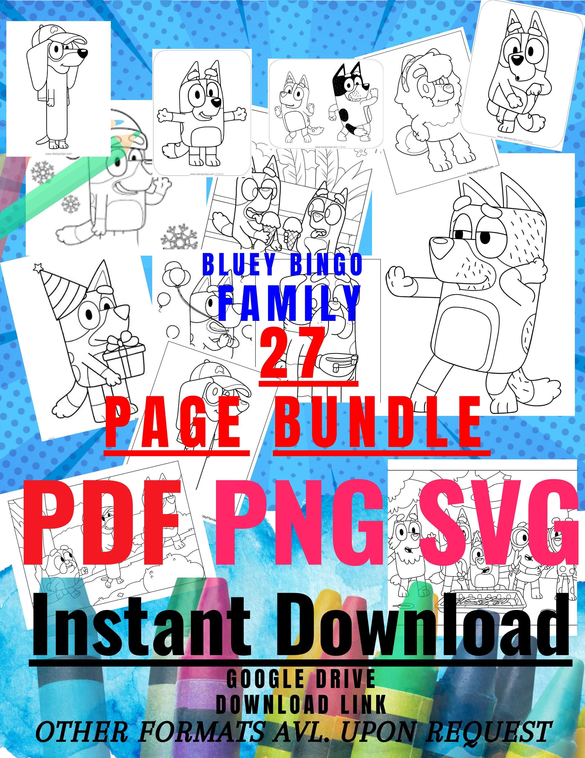 Bluey Bundle Party SVG Bingo PNG Family Birthday Coloring Silhouette Clipart Bluey Shirt Kindergarten Color Pre-K