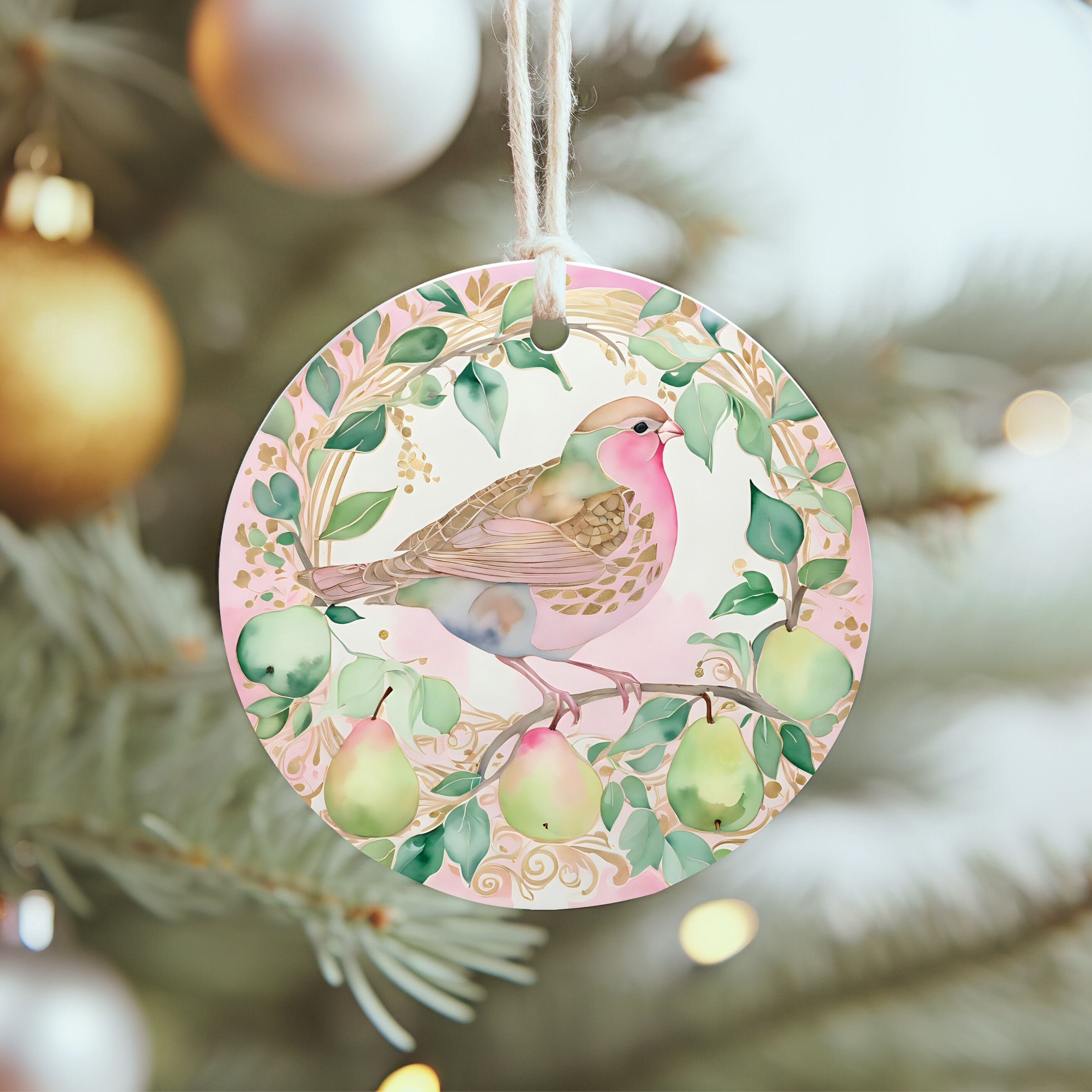 Pink Christmas Ornament Sublimation PNG Partridge in a Pear Tree 12 Days of Christmas Instant Digital Download, Christmas Round Ornament PNG