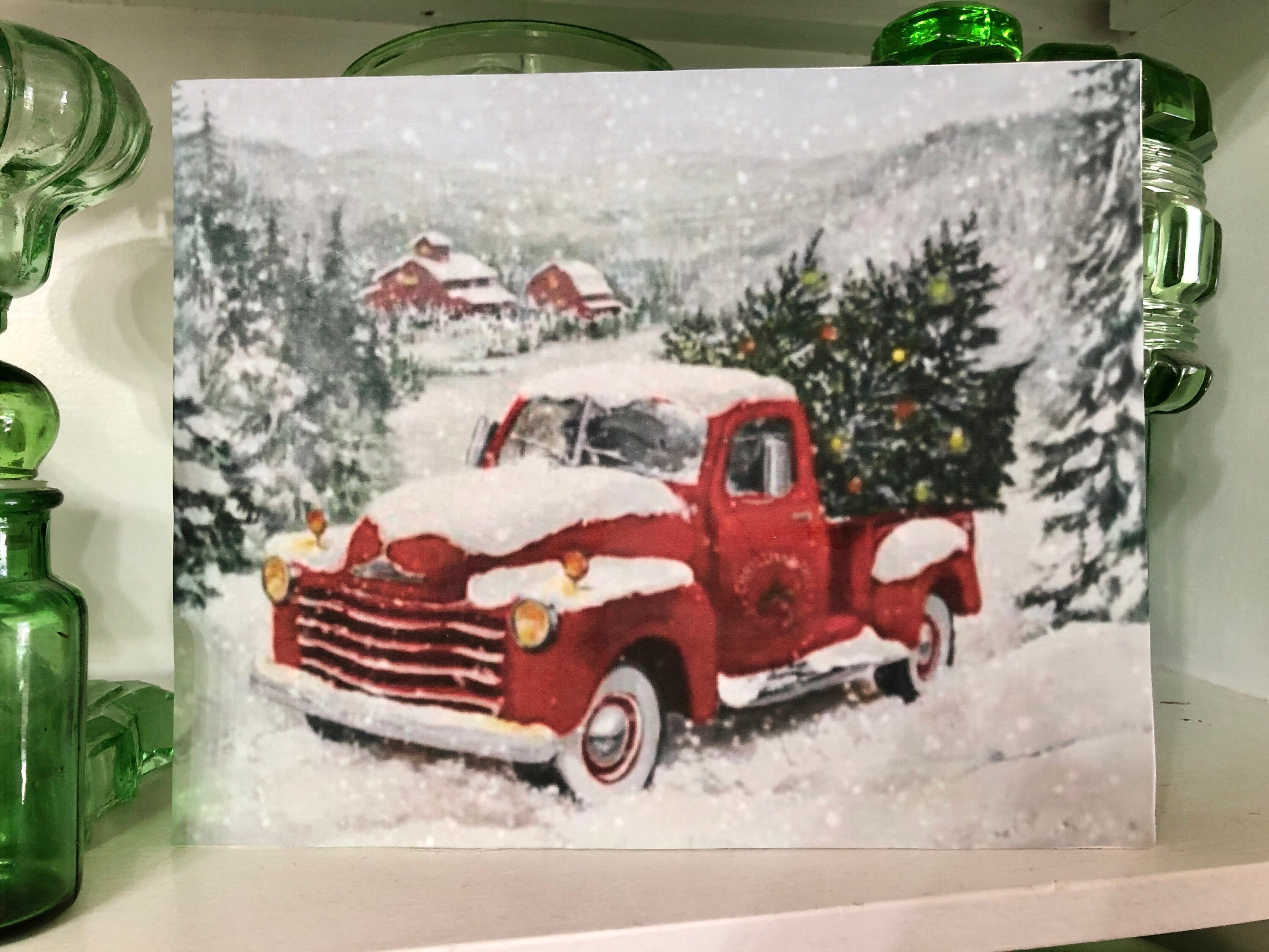 Vintage Red Truck, in a Wintry Snow Scene, Christmas Trees in old Pick Up Truck,Red Barn, 8 by 10 print on Canvas board