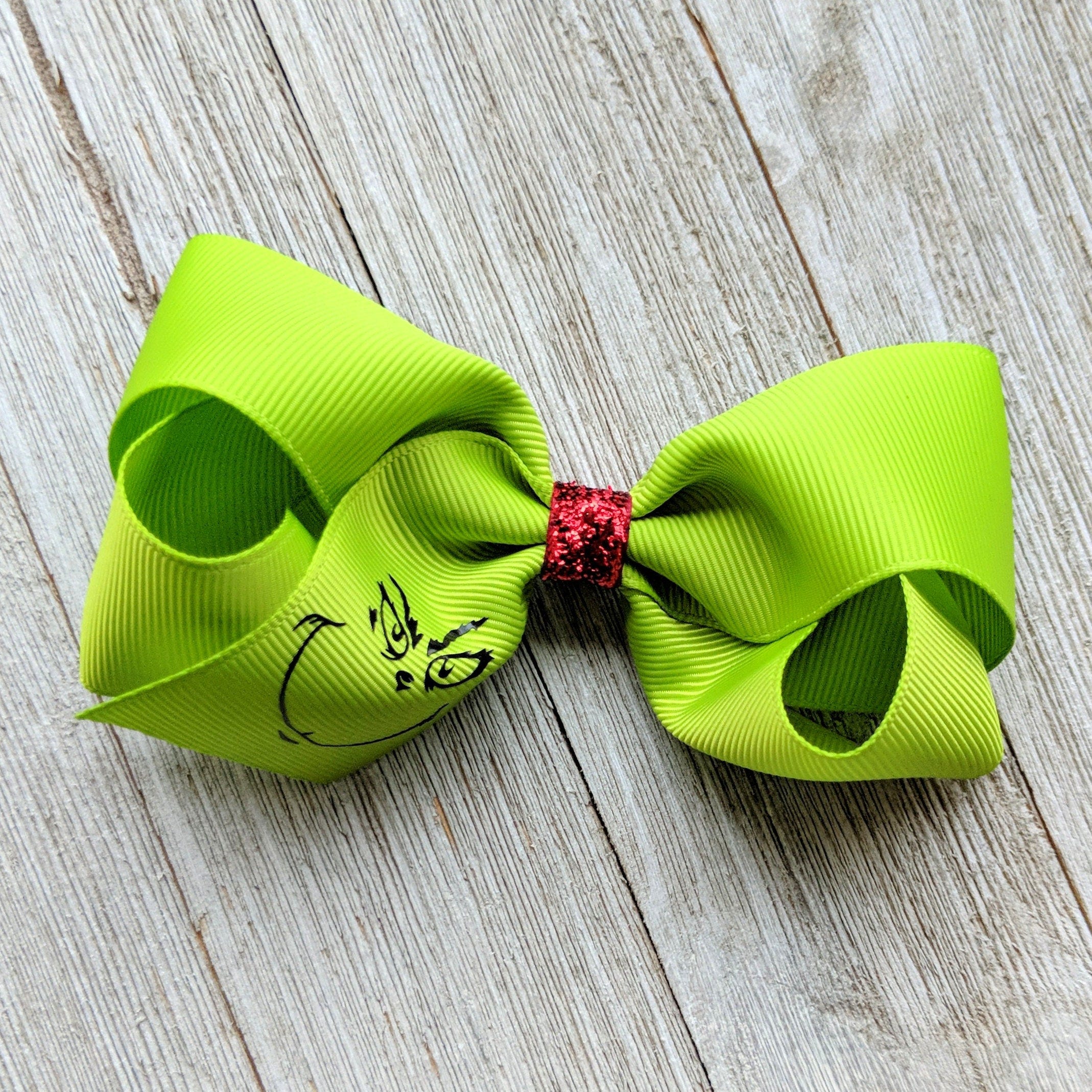 Grinch 4 Inch Ribbon Hair Bow - Green Grinch Bow - 4\ Bow Grinch Bow - Girl Boutique Bow - Toddler Barrette Hairbow"