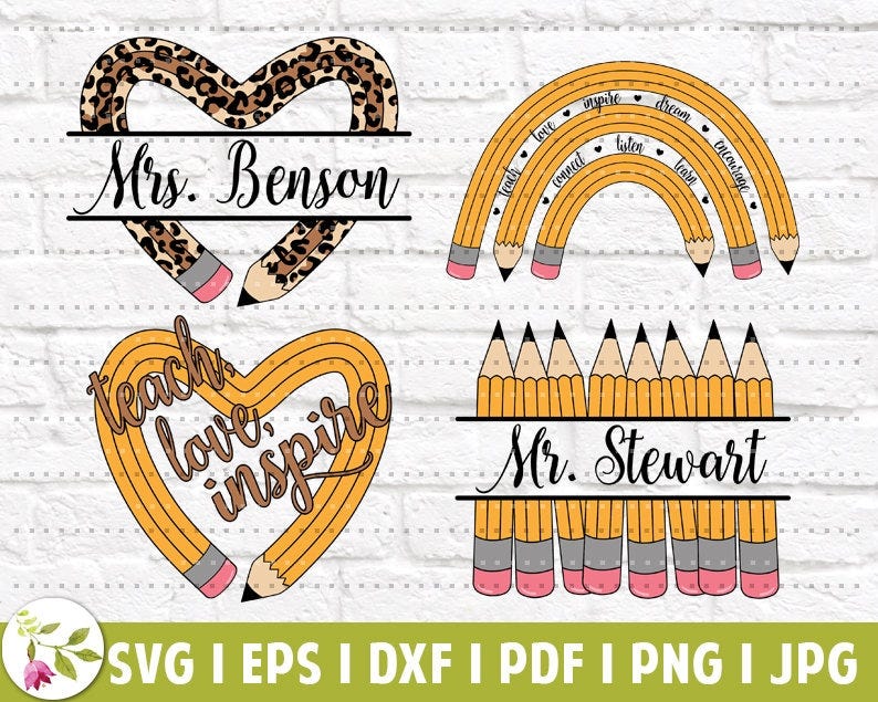 Teacher Pencil Bundle EPS | Pencil Heart SVG | Teach Love Inspire | Teacher Monogram | SVG Cut Files | Instant Download | Leopard Pencil