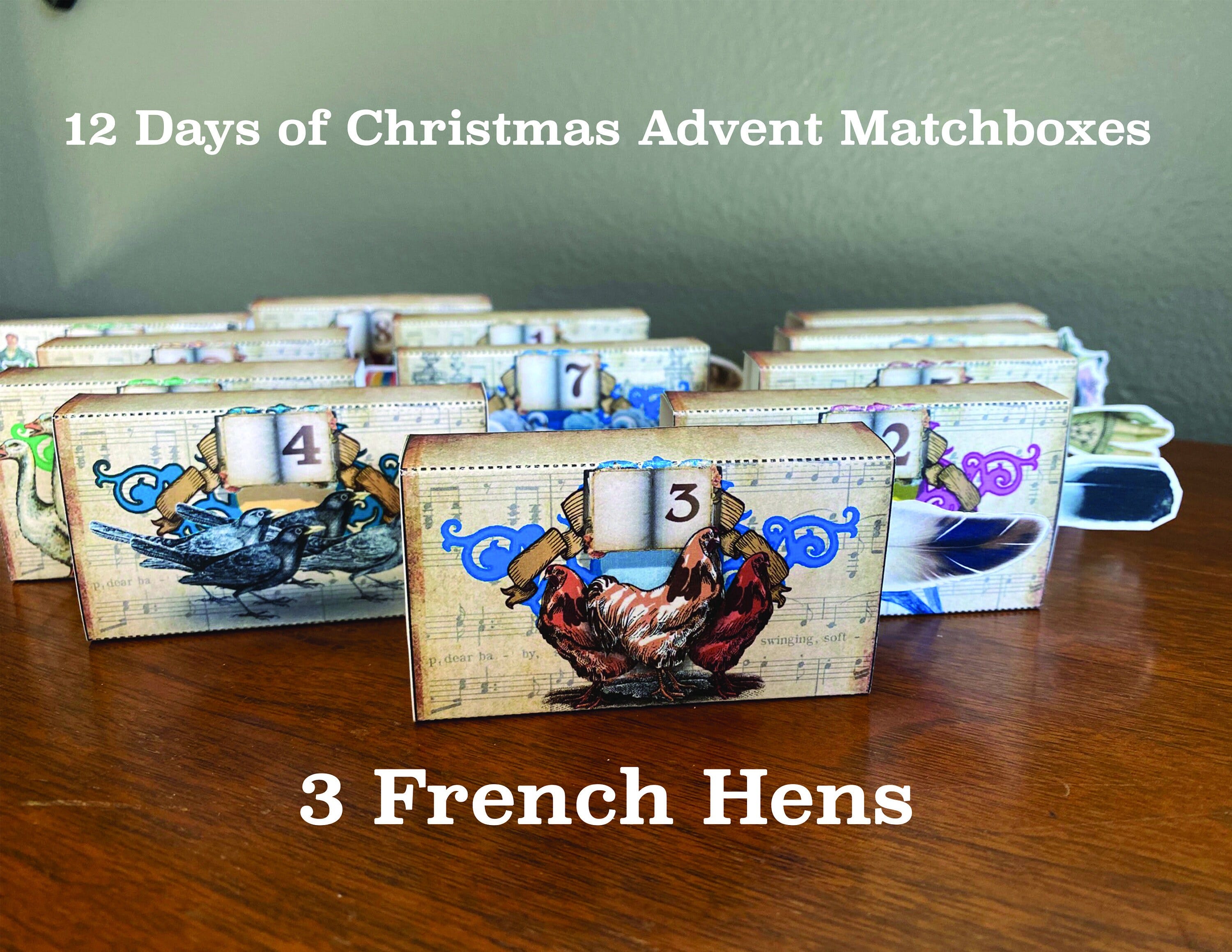 1 of 12 Printable Advent Calendar Matchbox Shadow box 12 Days of Christmas Digital Download Cutout Keepsake Party Favors 3 French Hens