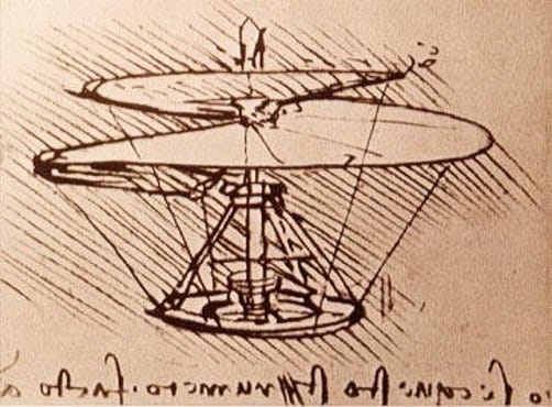 A detail view from Leonardo Da Vinci’s flying machine designs, showing a rotating propellor.