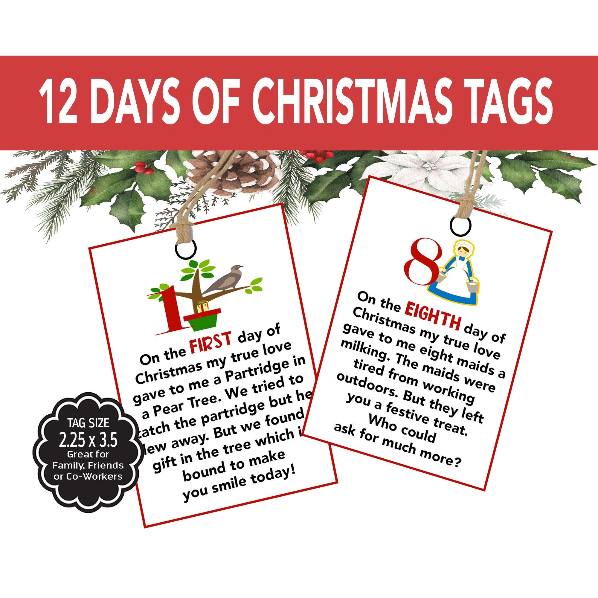 12 Days of Christmas Tags, Printable Twelve Days of Christmas Gift Tags, Neighbor, Co-Worker, Teens, Friend, Teacher Christmas Gift Tags