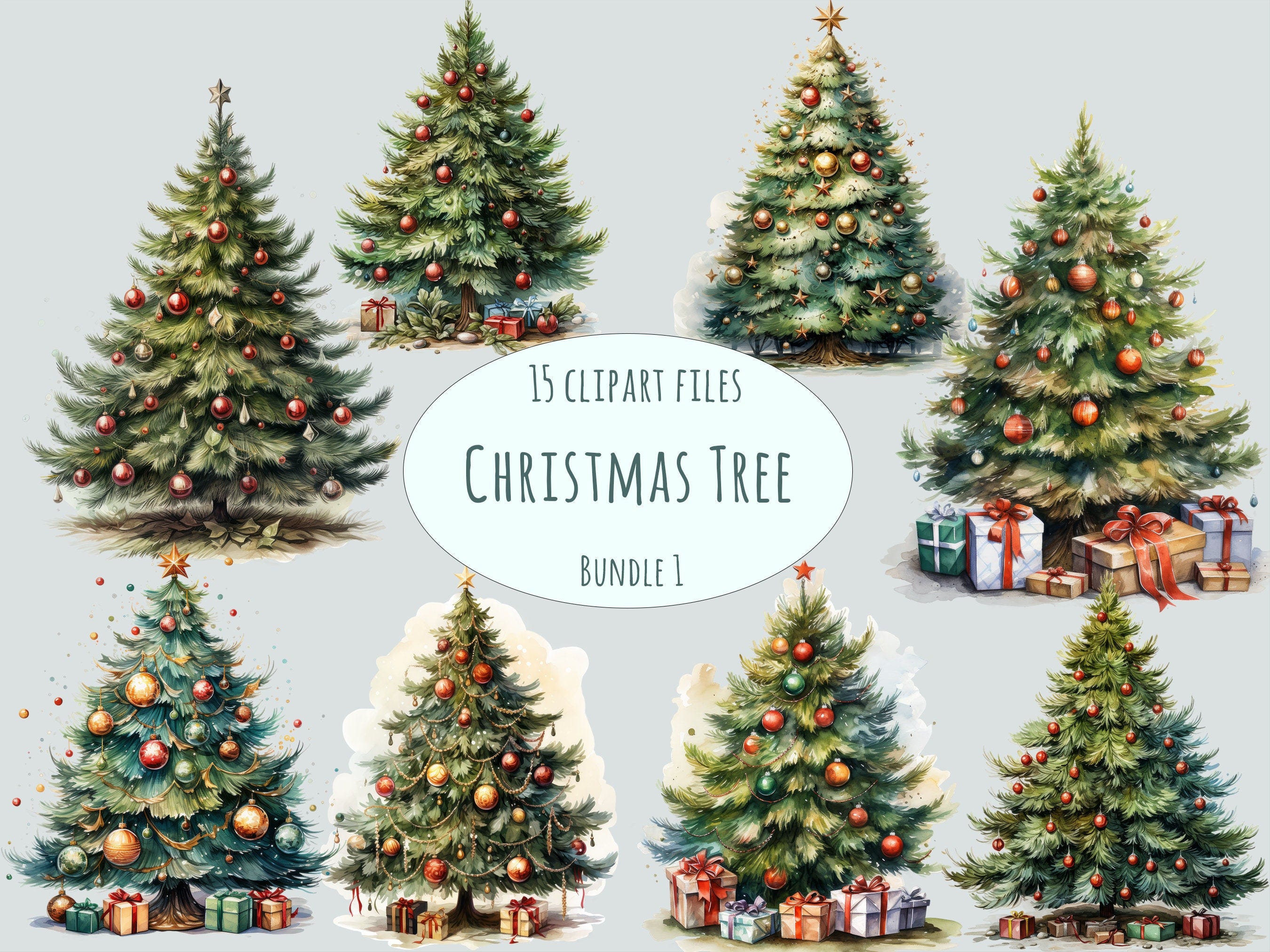Christmas tree clipart, 15 Watercoor evergreen fir tree, High quality png, Pine tree with baubles illustration, card making printable