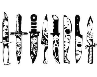 Horror movie characters in knives svg, Michael Myers svg, Jason Voorhees SVG, Friday 13th svg, Scream svg, Chucky, Horror movie, Halloween