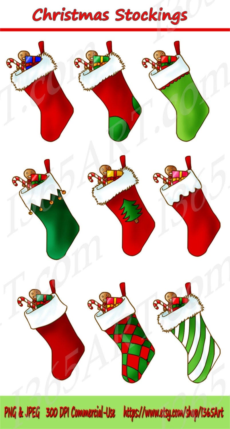 Christmas Stocking Clipart, Christmas Stocking Clip art, Scrapbooking, Invitation, Seasonal Holiday Sock, Gifts, PNG JPEG Commercial