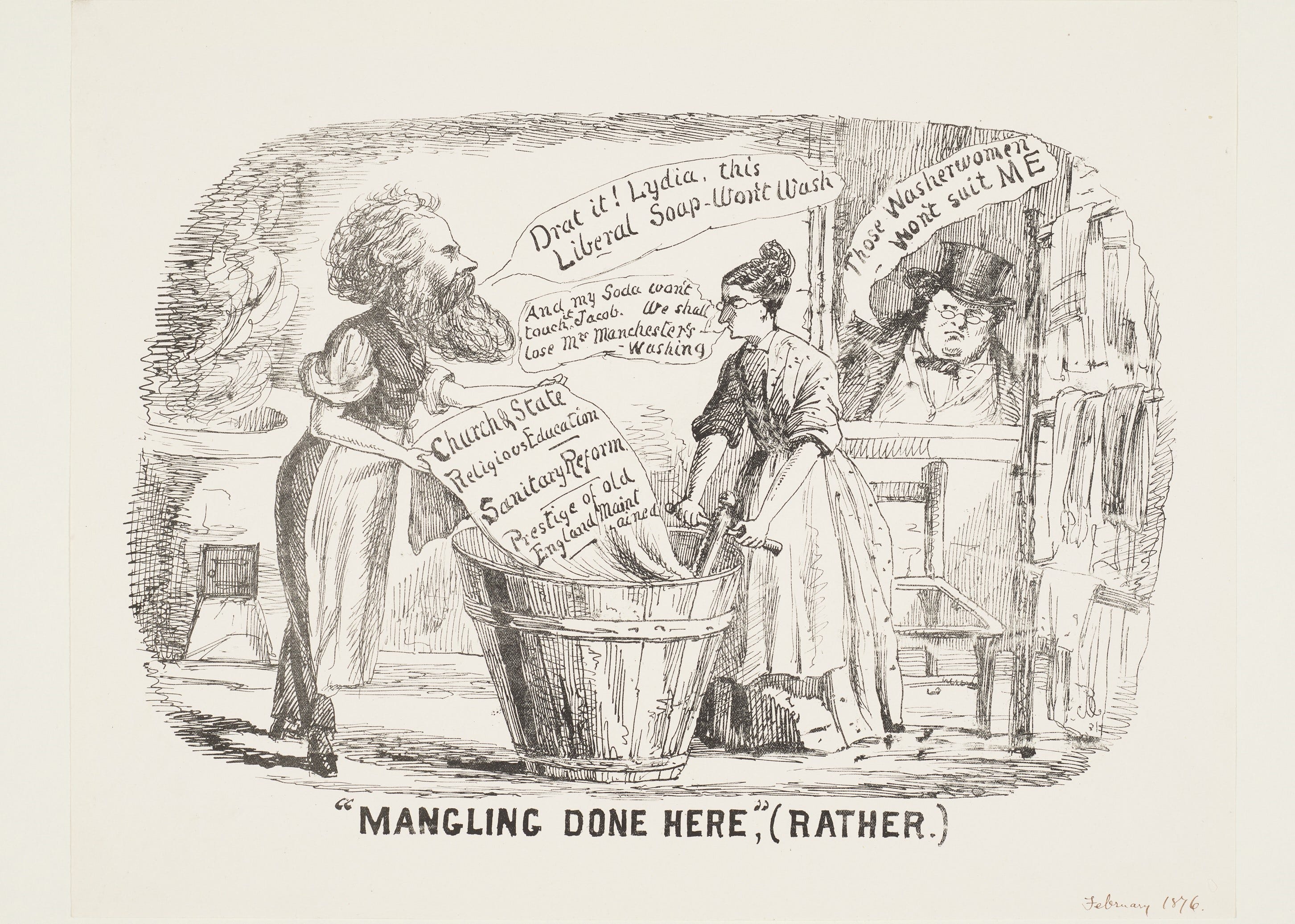 Victorian washday scene featuring bearded man, John Bright, and bespectacled woman, Lydia Becker, around a dolly tub.