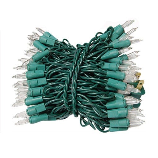 100 Count Light String / Strand / Set - Green Cord - Clear Miniature Light Bulbs - Christmas - WHD-YT022