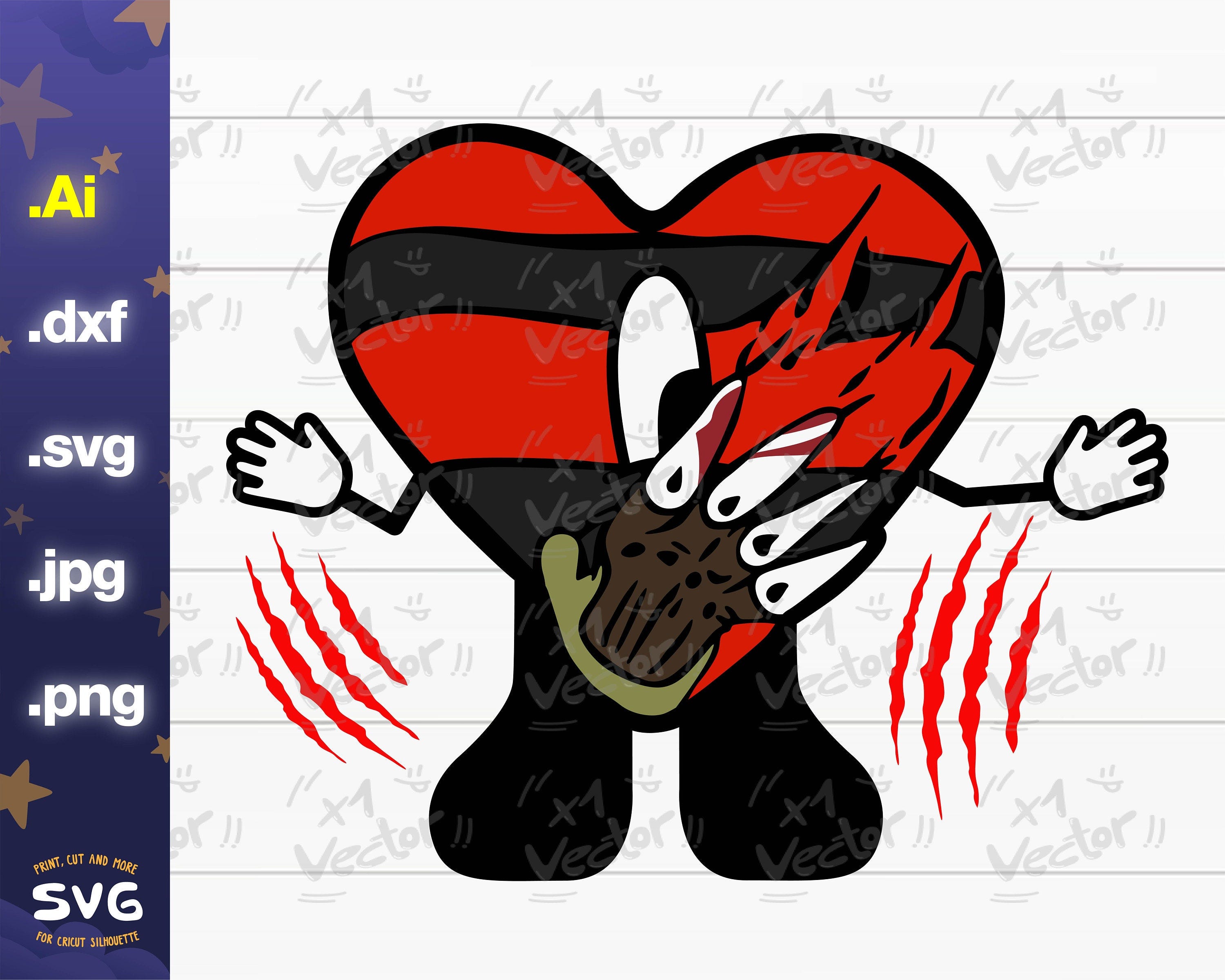 Bad Bunny Freddy Krueger heart PNG, SVG, JPG, Dxf Bad bunny Halloween, files for cricut silhouette, sublimation, decals, digital download