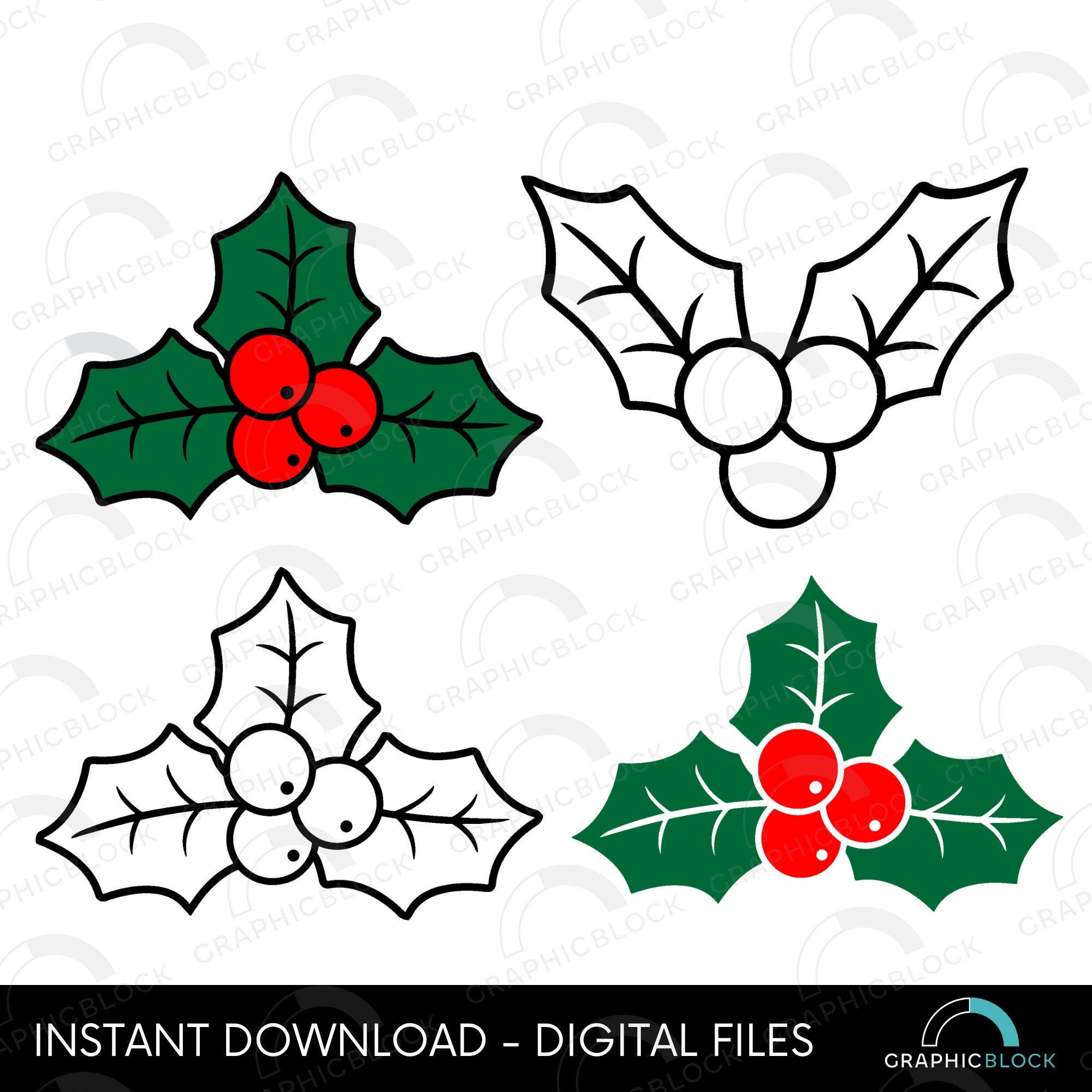 Christmas Holly SVG, Mistletoe Clip Art Cricut Silhouette Cut File, Winter Plant Vector Png Dxf Eps, Holly Berries Outline, Instant Download