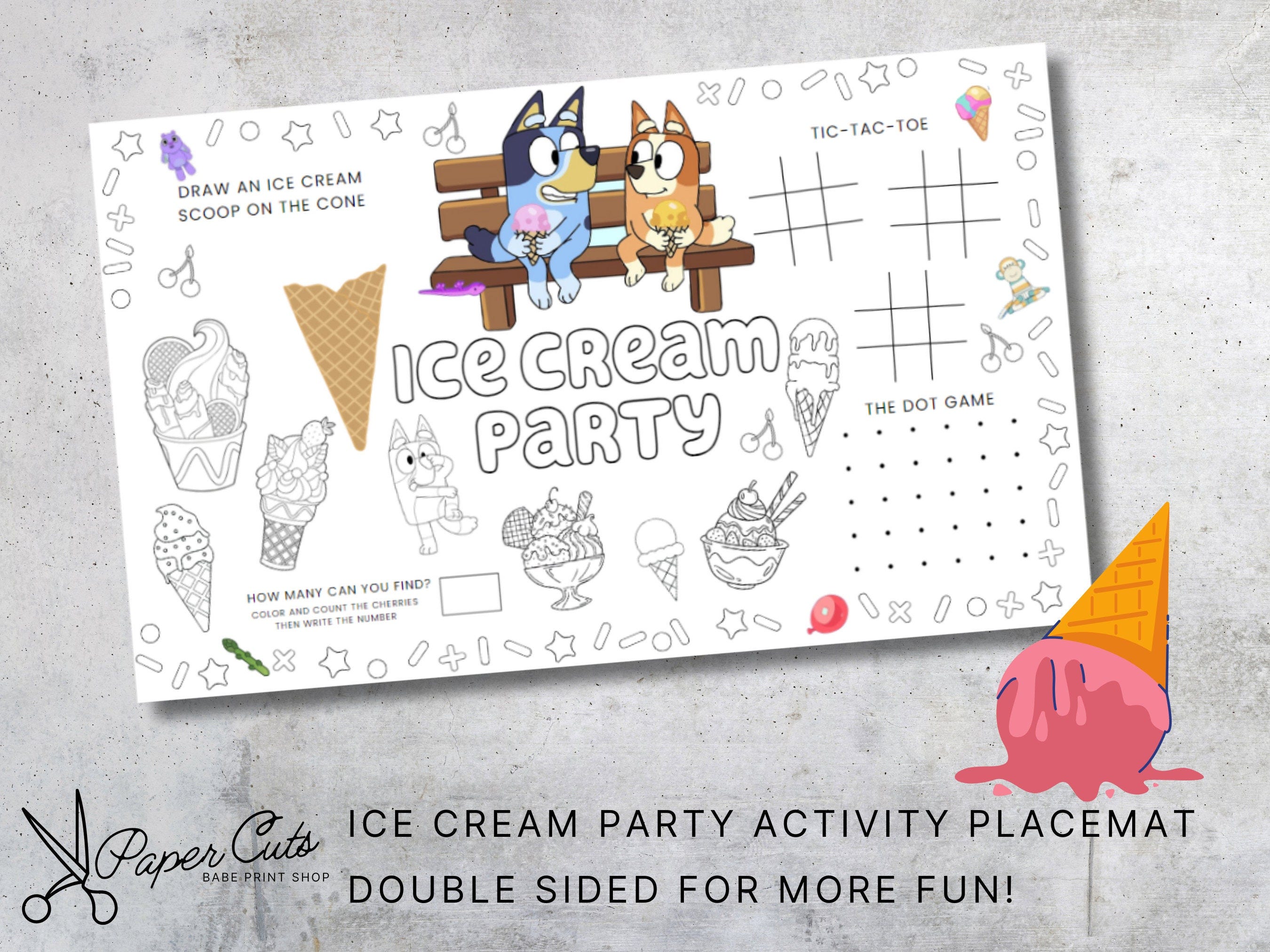 Bluey Icecream Party Activity Sheet | Dog Party Favor | Coloring Placemat Download