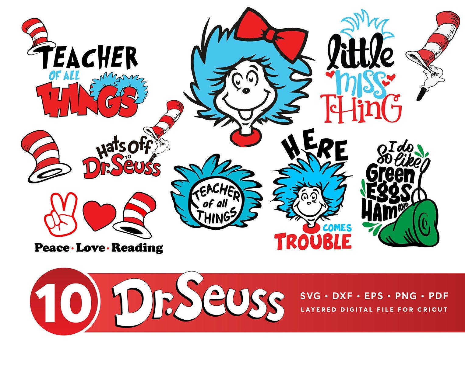 Dr Seuss Svg Bundle, Cat In The Hat SVG, Dr Seuss Hat SVG,Green Eggs And Ham Svg, Dr Seuss for Teachers Svg, Lorax Svg,Thing 1 and 2 Svg
