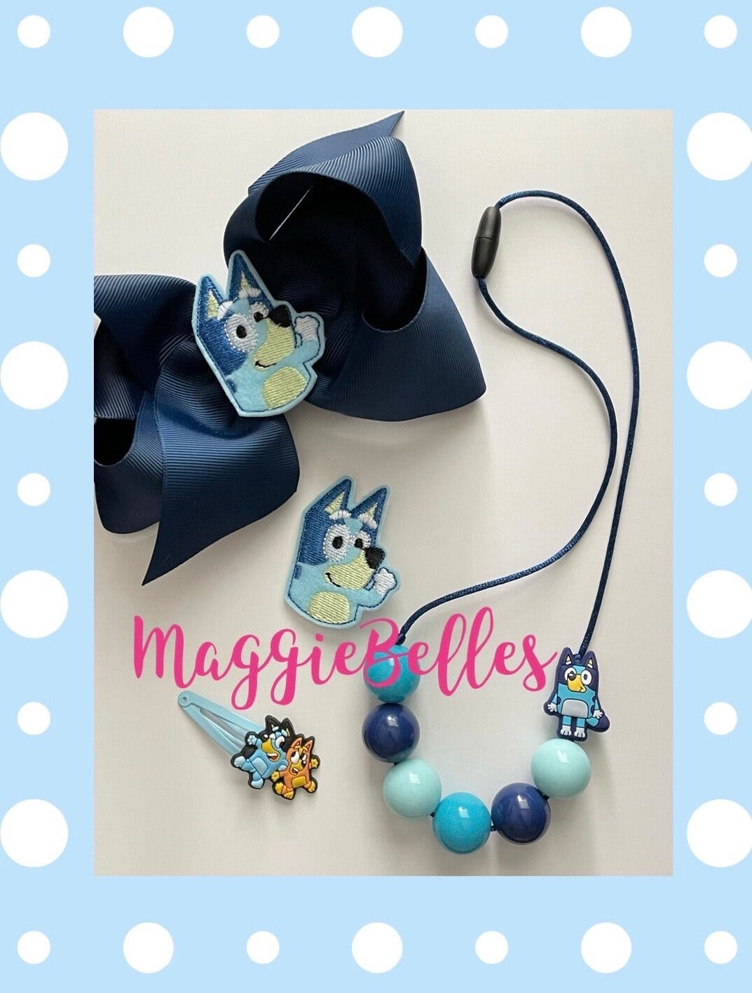 Blue dog bubblegum necklace hair bow clip Bluey jewelry Bingo navy