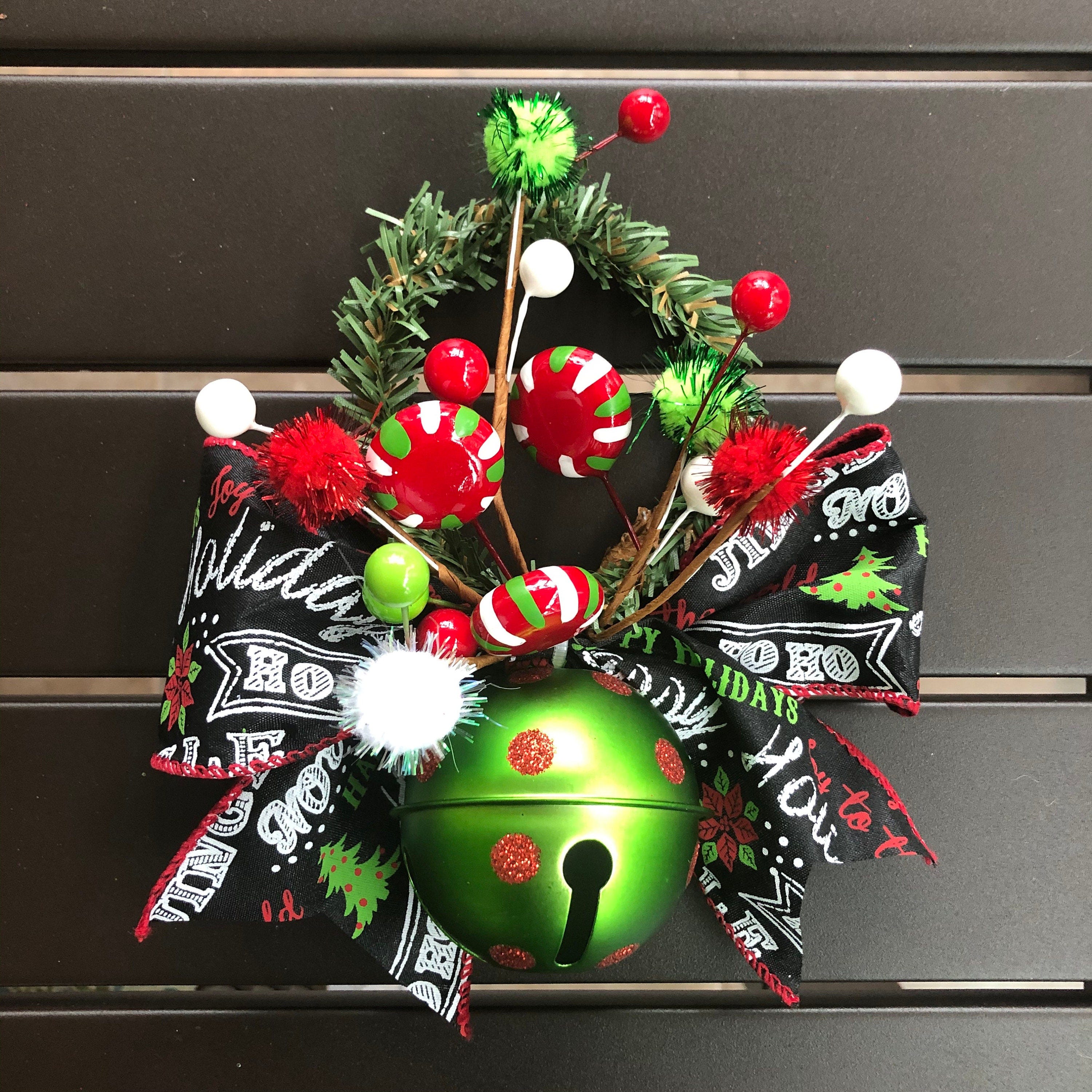 Whoville Christmas Jingle Bell Door Knob Hanger; Door Knob Christmas Bell, Hostess Gift, Gift Card Bow, Teacher Gift, Christmas Door Decor
