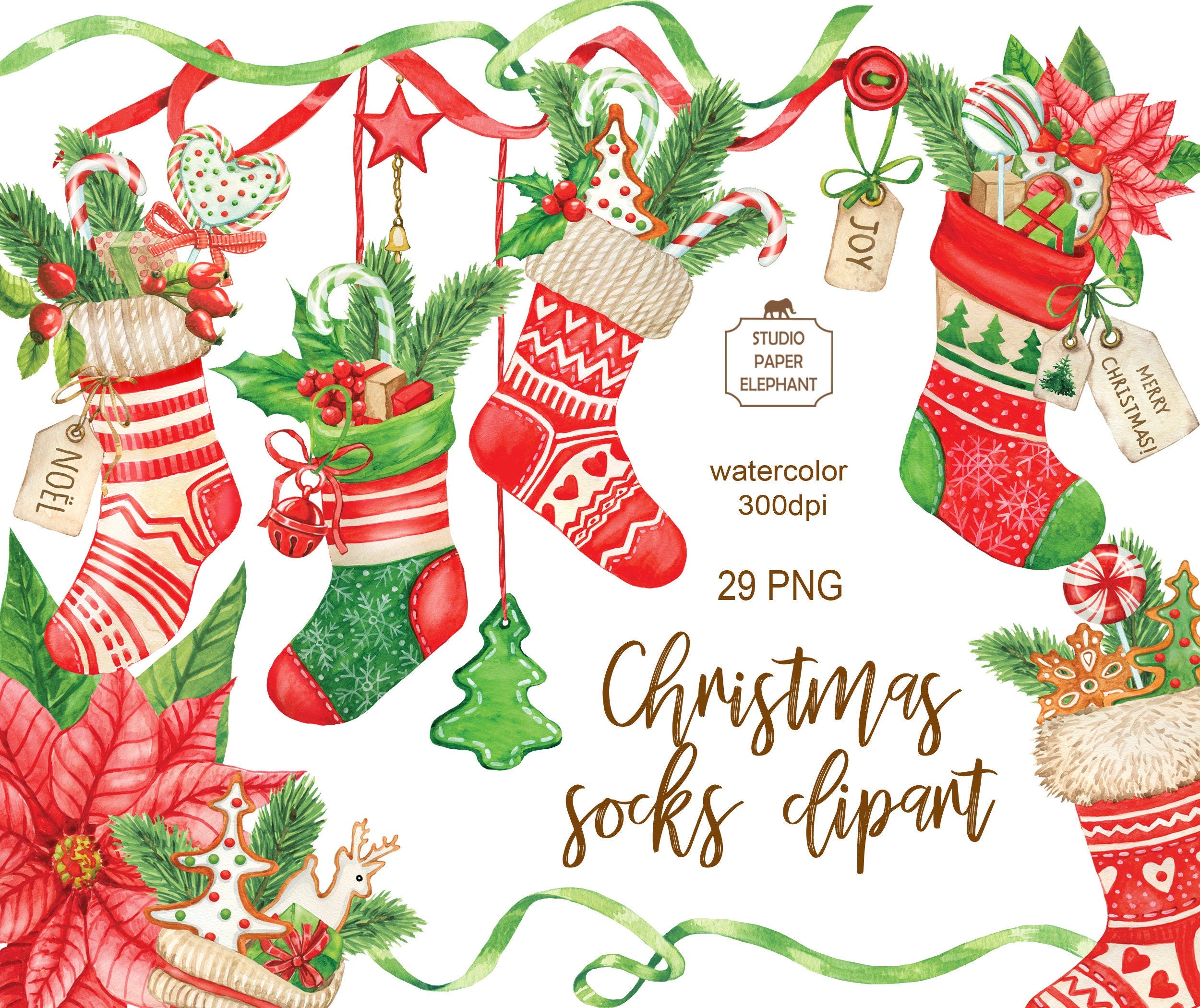 Watercolor Christmas socks clipart, Santa clipart, Christmas socks with gifts, stickers with Christmas socks, Christmas clipart, PNG.