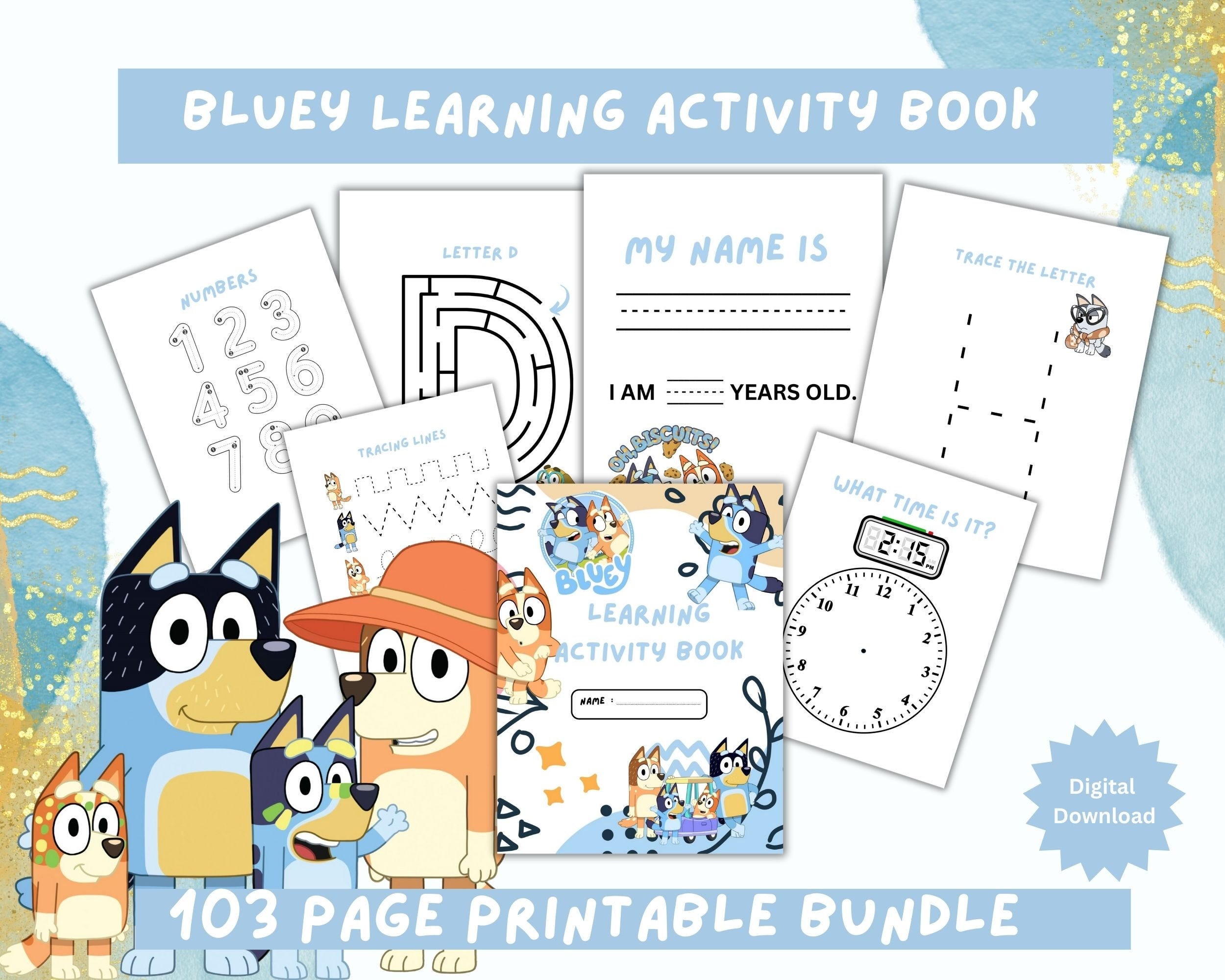 Bluey Learning Activity Book Bundle - Printable Preschool Kindergarten First Grade Educational Worksheets 103 pages |Homeschool & Classroom