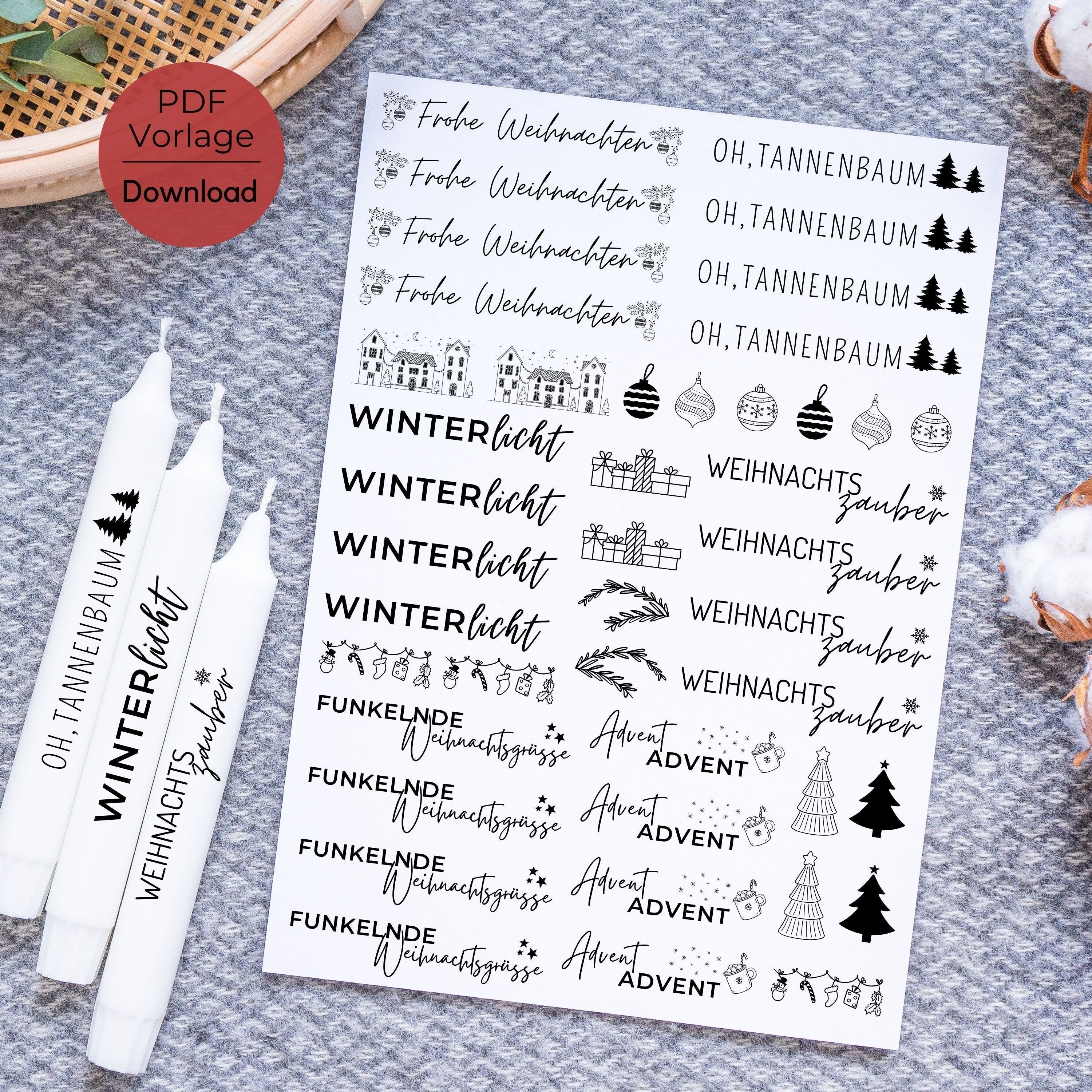 Christmas candle tattoo PDF template candle stickers design candles Advent Merry Christmas Oh Christmas tree winter light