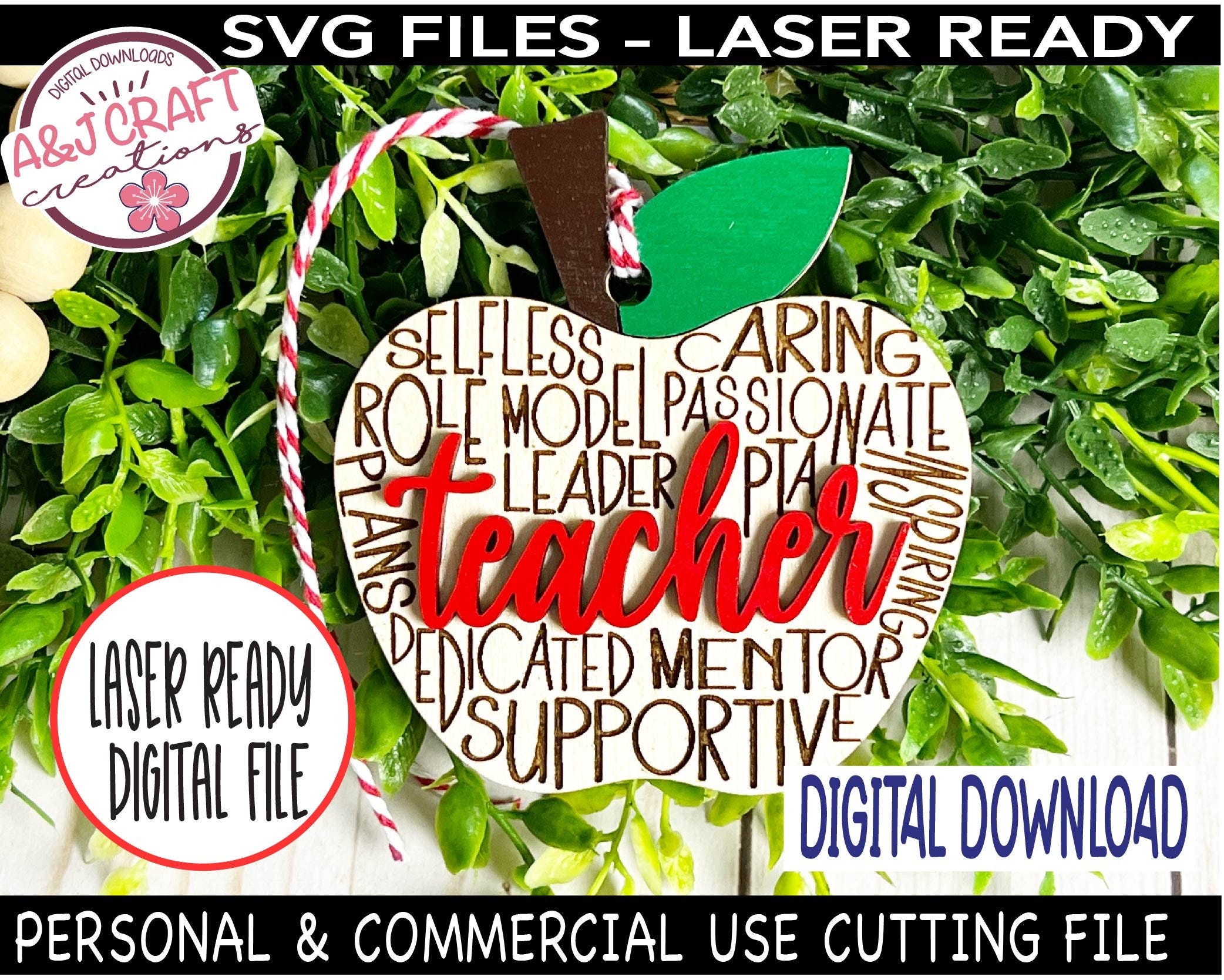 Teacher Christmas Ornament SVG, Laser Cut File, Teacher Apple Typography SVG,  Best Teacher Ever, Teacher Ornament Laser File