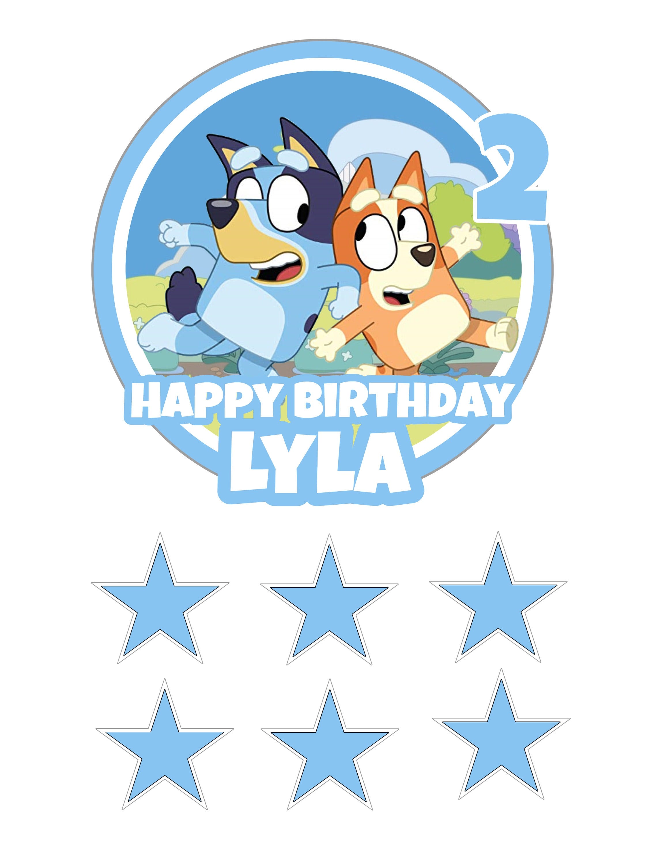 Bluey Custom Printable Digital Cake Topper and stars - Ready to download same day