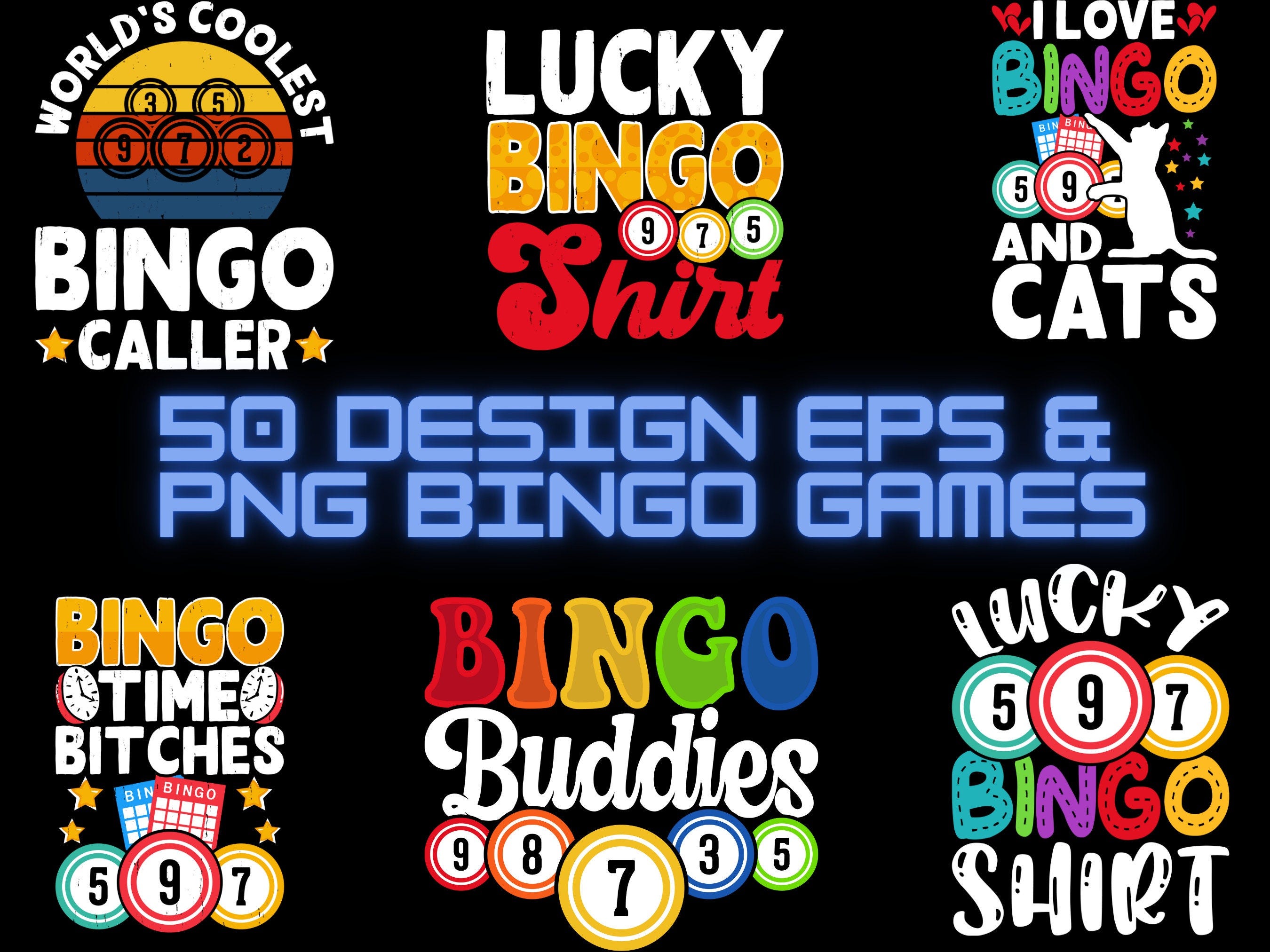 50 Bundle Design Png & Eps Bingo Games Printing DTG Tshirt DTF Digital File Download