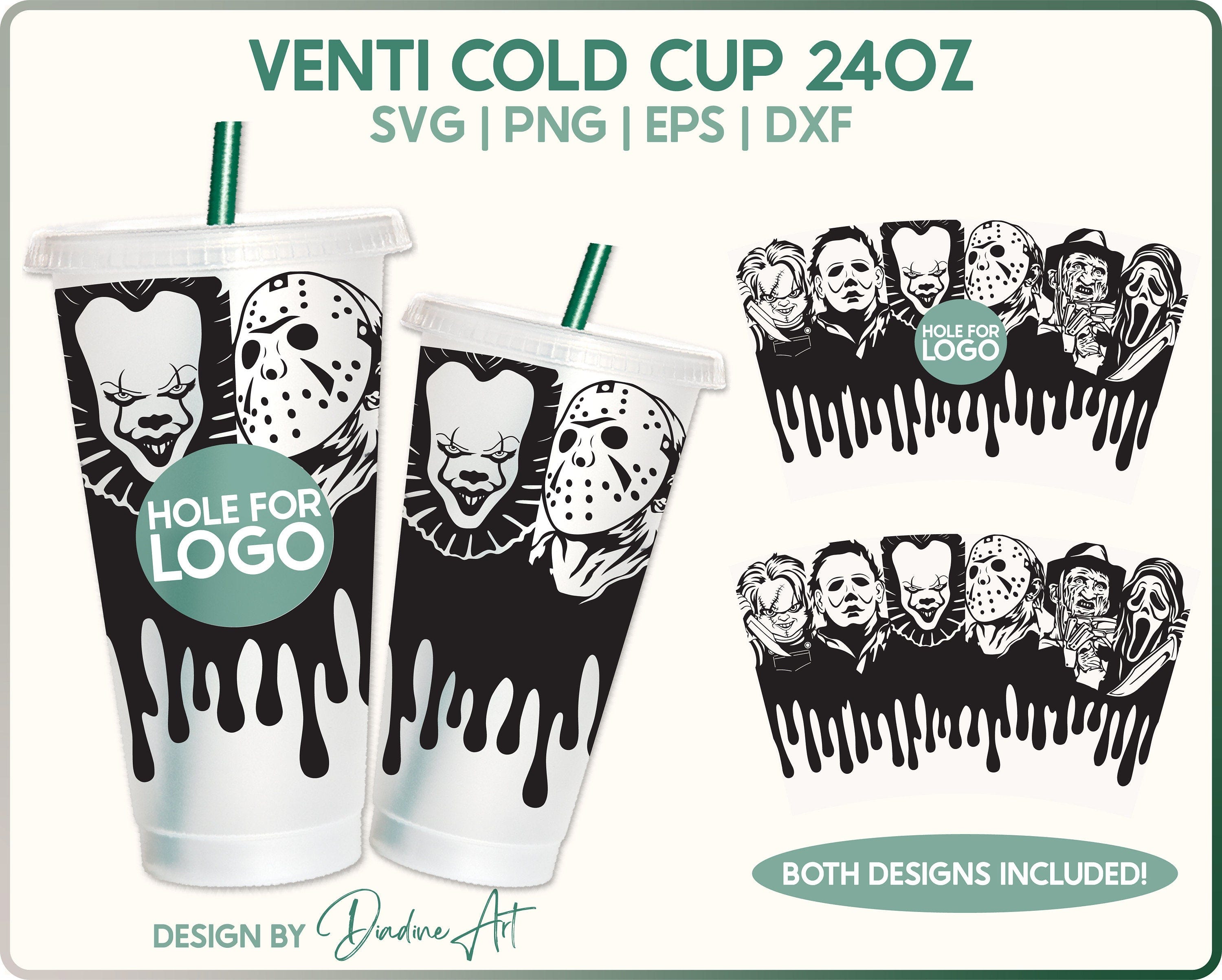 Halloween Horror Movies Full Wrap for Venti Cold Cup 24 oz, Scary Faces SVG PNG, Halloween SVG Cut File for Cricut, Silhouette