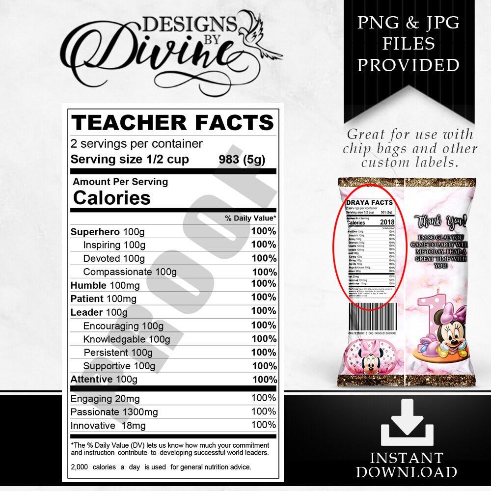Teacher Nutrition Facts Label - Custom Label - Chip Bag - Water Bottle Label - Candy Label - Printable - Party Favor - Custom Favors