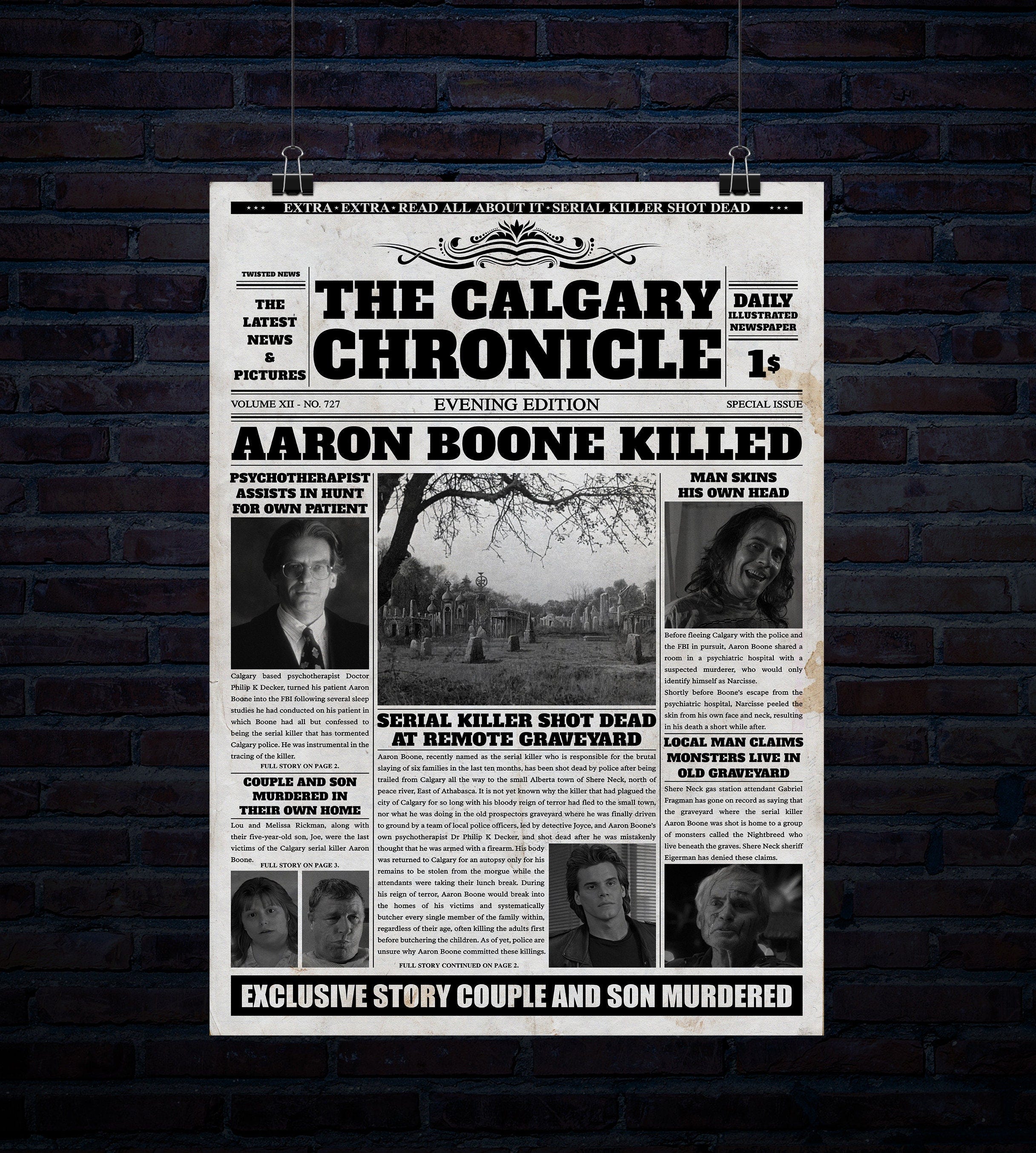 Serial Killer Shot Dead In Remote Graveyard Horror Newspaper Article 20 inch x 30 inch 300Dpi Poster Digital Download
