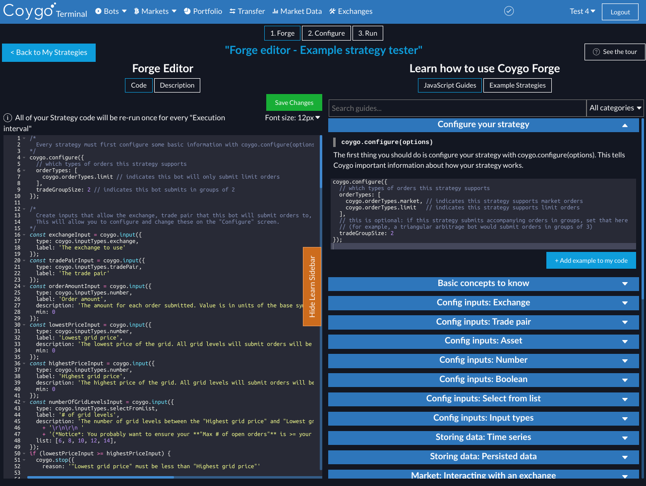 The Coygo Forge intefrace for coding custom Bot Strateagies