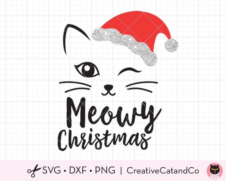 Meowy Christmas SVG DXF Cute Cat Face with Santa Hat Funny Christmas svg dxf Cut File for Cricut and Silhouette Clipart