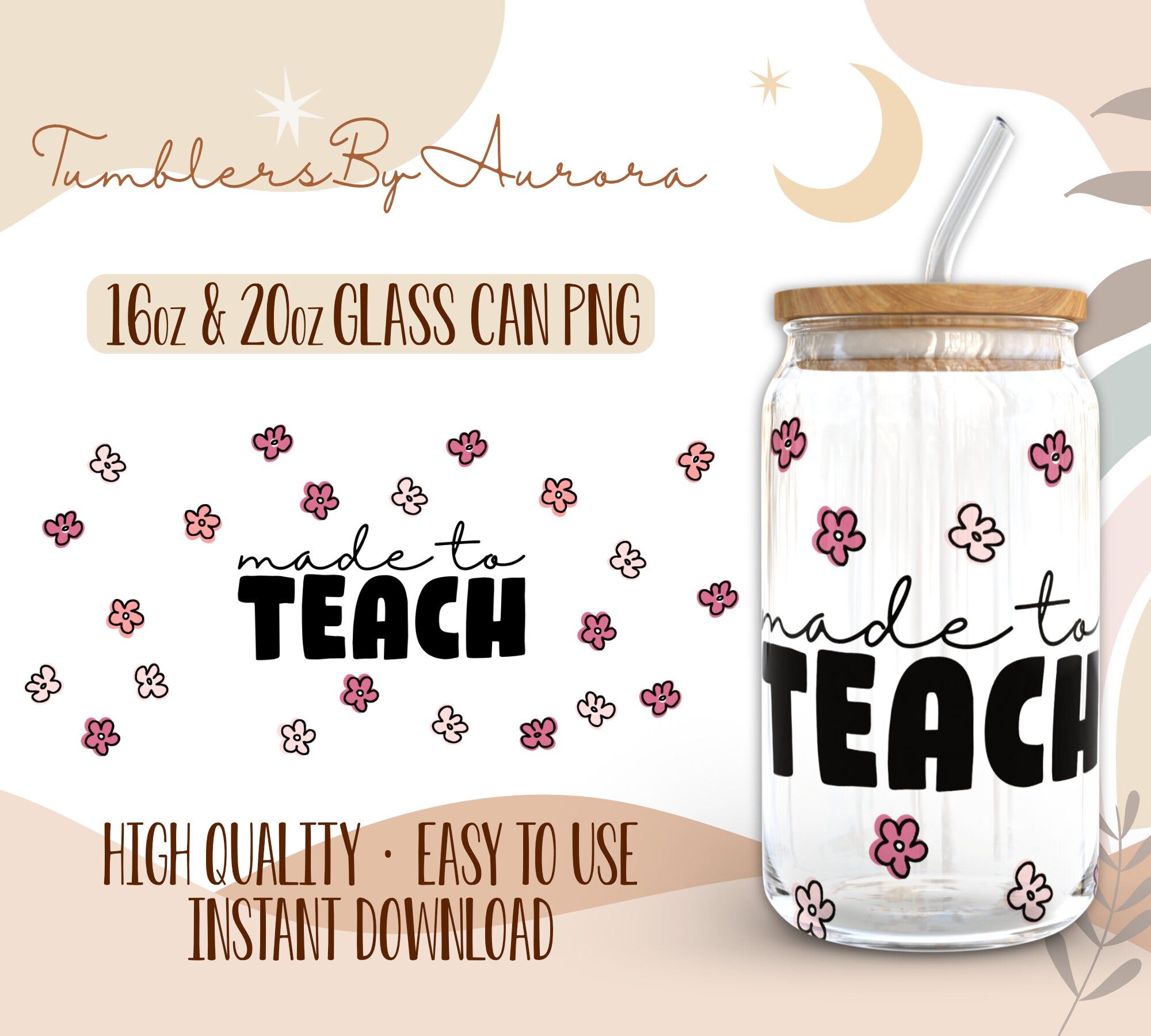 Teacher 16 oz Libbey Glass Wrap PNG Sublimation Design, Teacher Glass Can PNG for 16oz and 20oz, Instant Download (+101 free Designs)