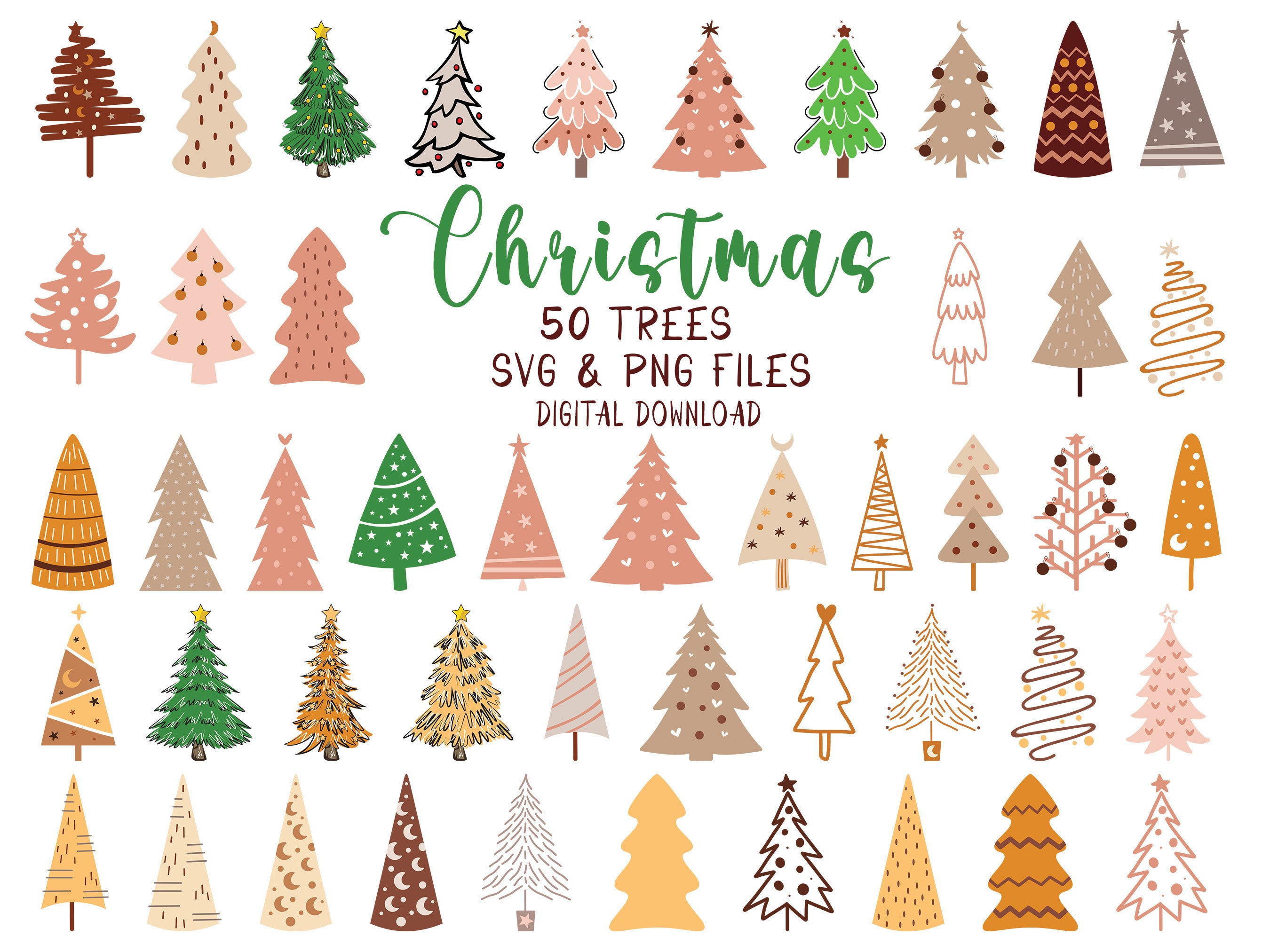 Christmas Tree Bundle Svg & Png , Christmas Tree Clipart, Christmas Trees Svg , Christmas Trees Png , Groovy Style Christmas Tree Bundle Png