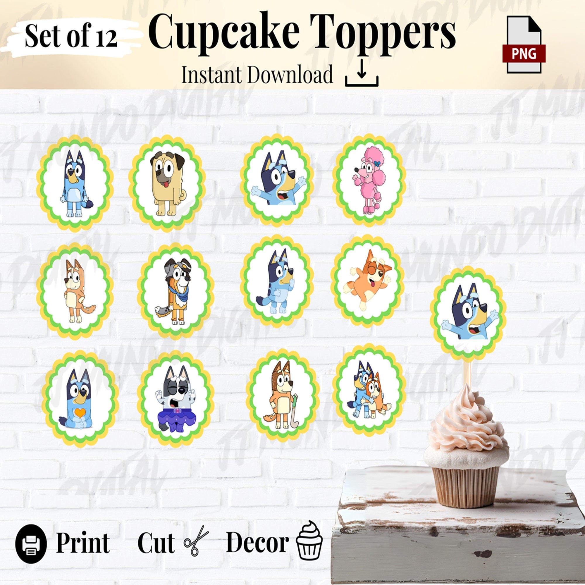 Bluey Cupcake Toppers, Instant Digital Download, Printable, Set of 12