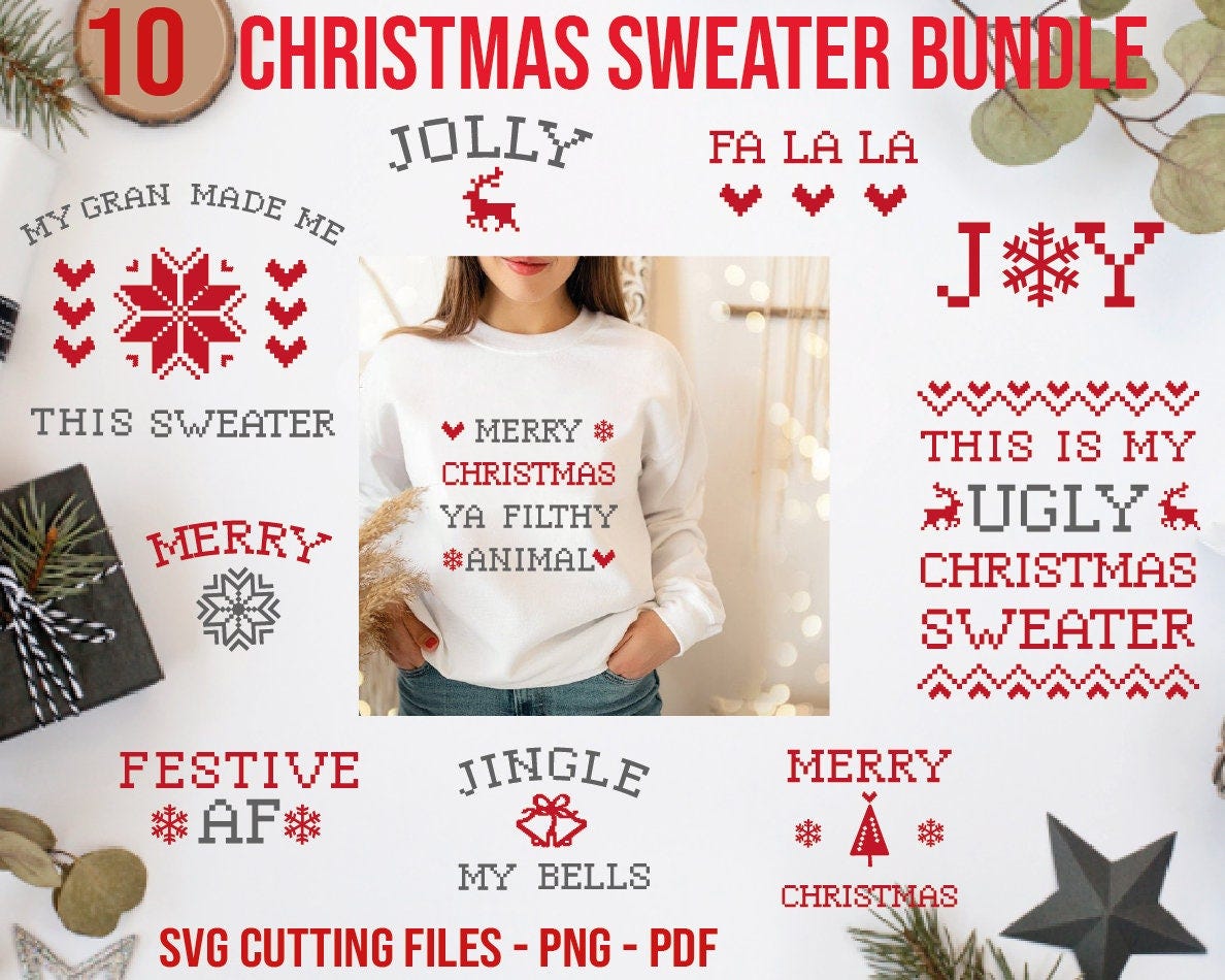 10 Christmas bundle SVG, Ugly sweater, Christmas quote, Sarcastic Christmas PNG, Rude Christmas svg, Funny stitch effect Christmas shirt svg