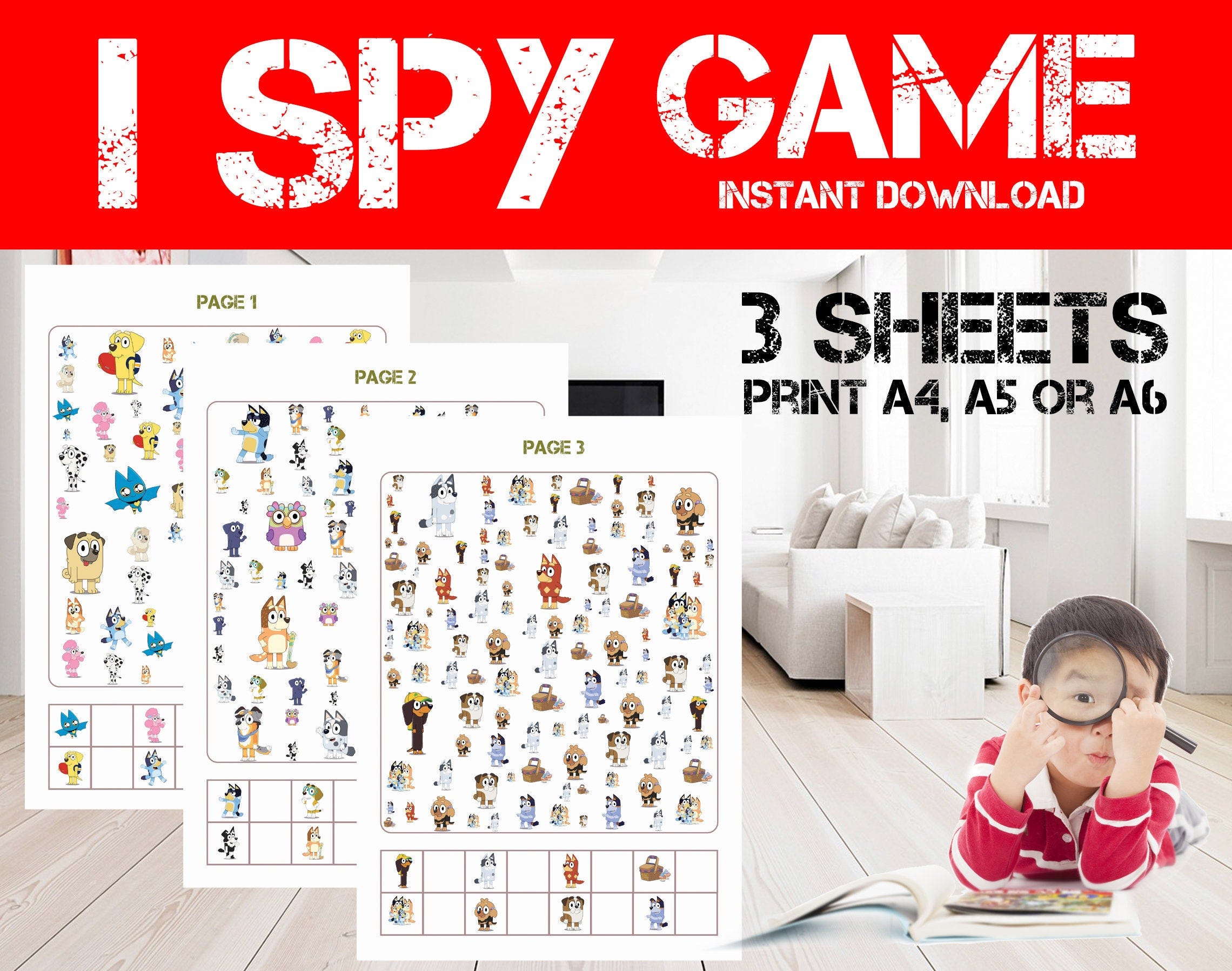 Bluey-Themed I Spy / Look & find game - Printable Blue Dog game - Blue, Bingo I Spy game - Blue The dog Birthday Activity -Bluey-Party favor