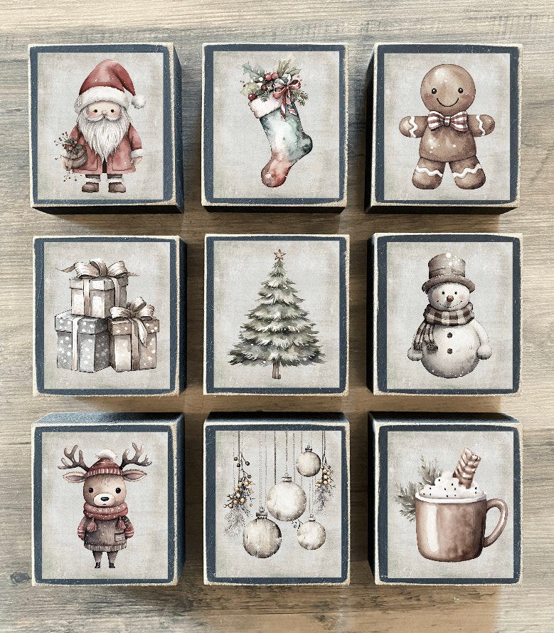 Christmas decor, Neutral  Christmas,  tiered tray decor, mini sign, block sign, Santa, reindeer, snowman, gingerbread man, stocking, gift