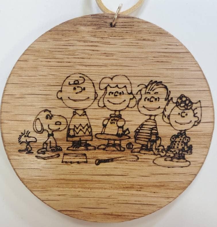 Peanuts Charlie Brown Snoopy Schroeder Linus Pigpen Lucy Woodstock Sally LASER BURNT Solid Oak 3" diameter, Ornament Magnet or Coaster