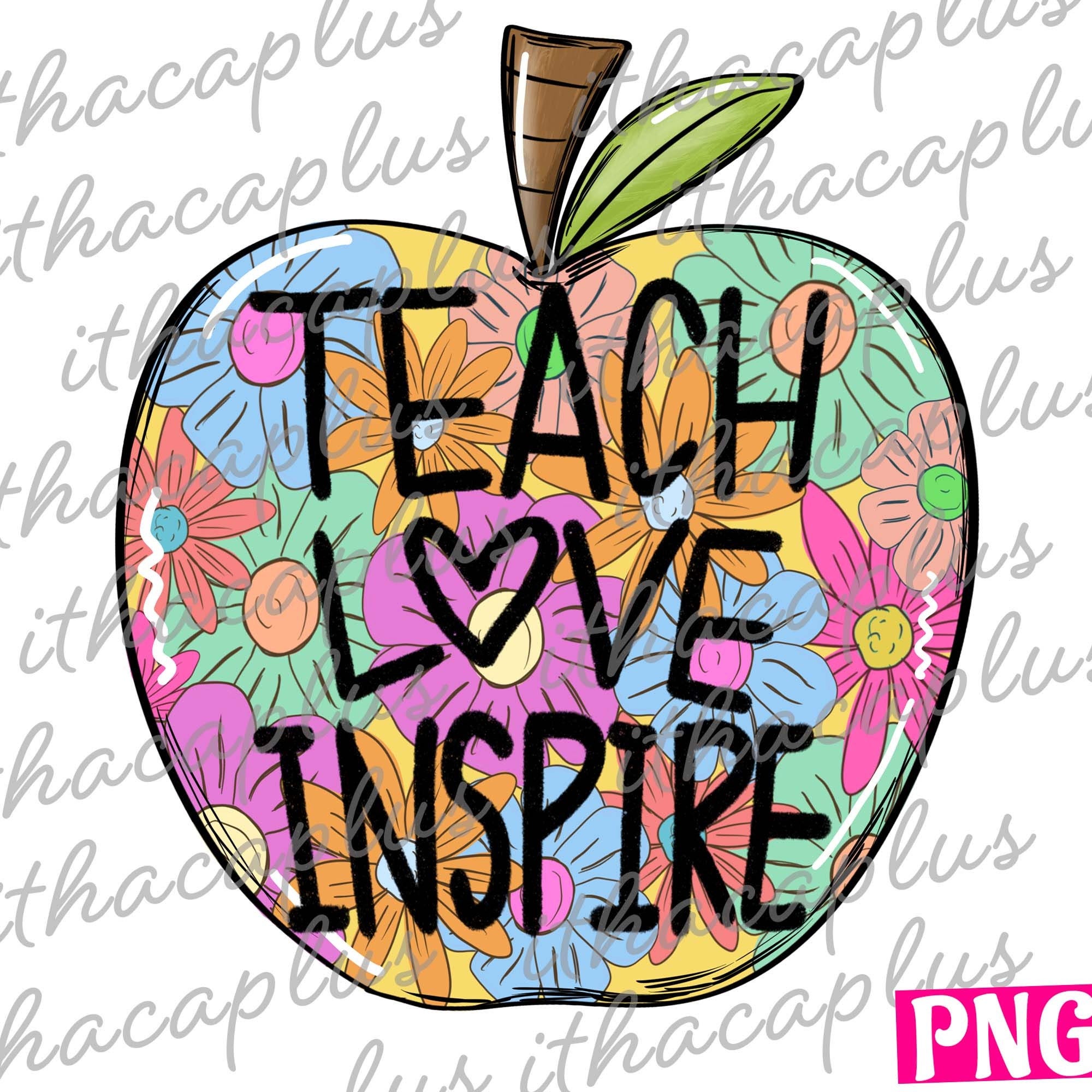 Back To School png, colorful flora apple png, Teacher digital clipart, school printable, Teach love inspire sublimation, retro apple