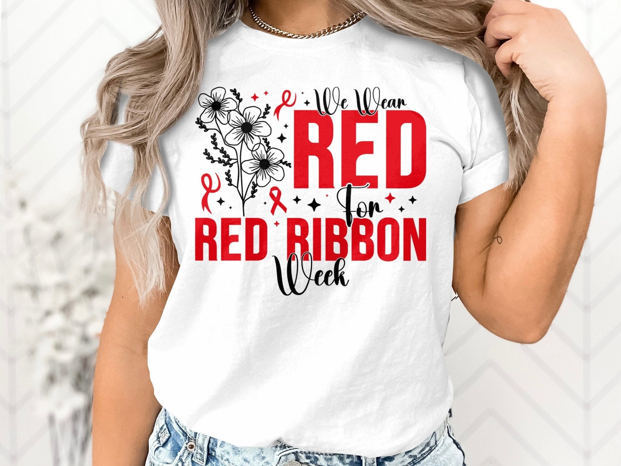 Floral We Wear Red for Red Ribbon Week Svg Png, Red Ribbon Week Svg, Drug Free Svg, Red Ribbon Week Awareness Png Svg Cricut Sublimation